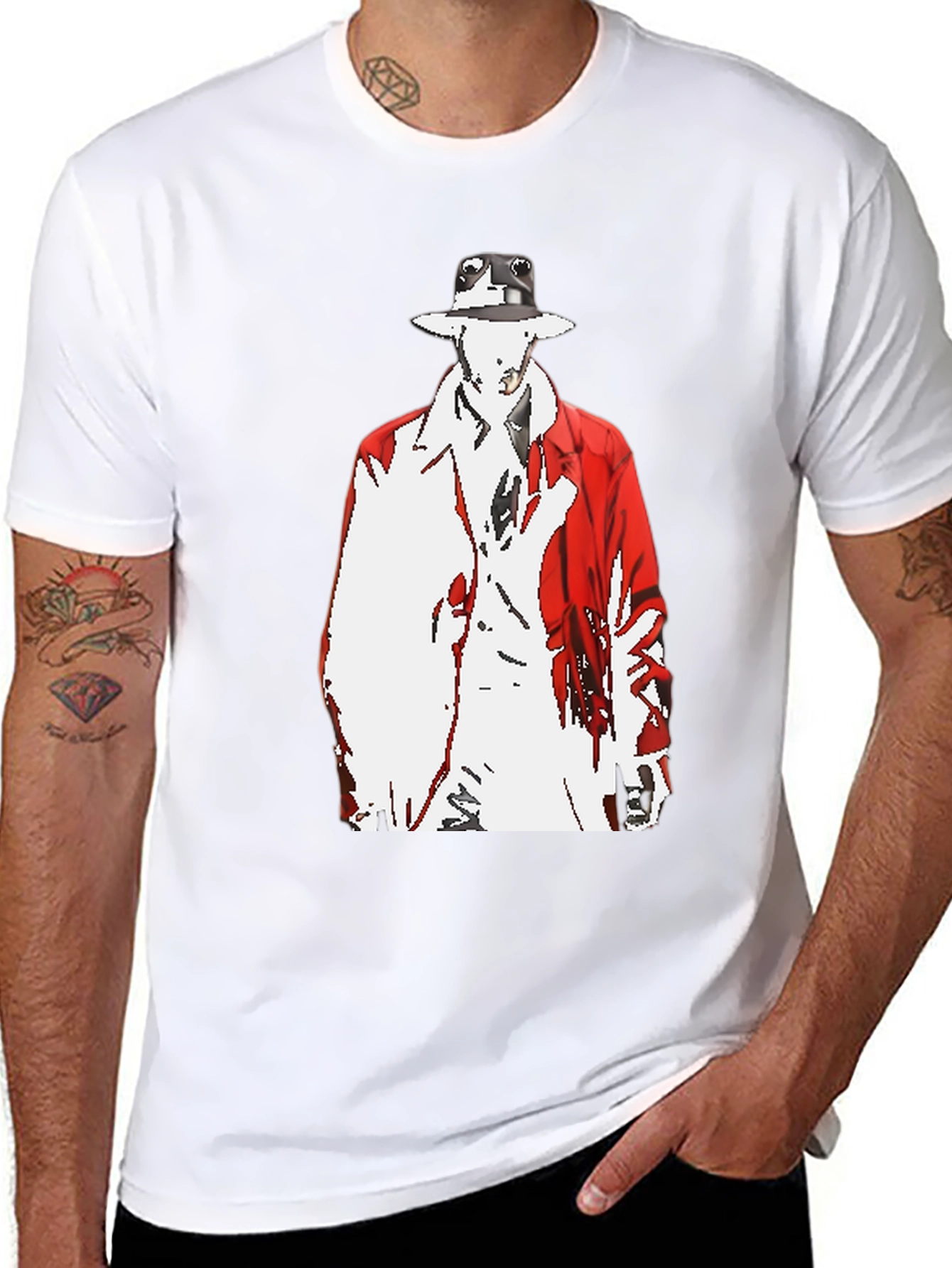 Abstract Man in Red Coat Graphic Black T-Shirt