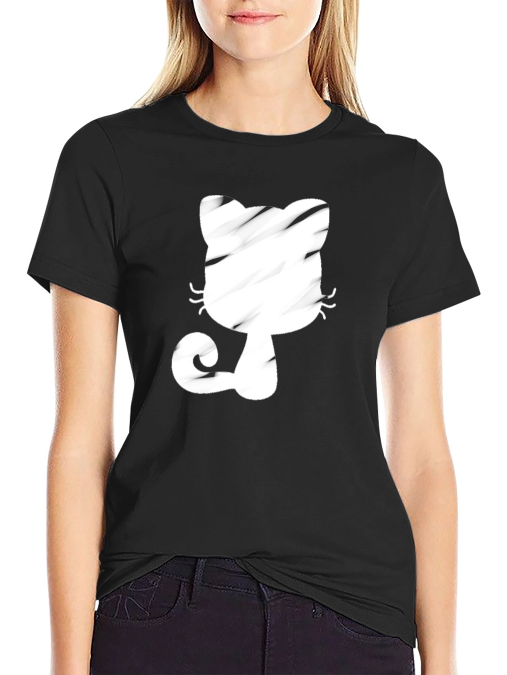 Black T-Shirt with Whimsical Cat Graphic