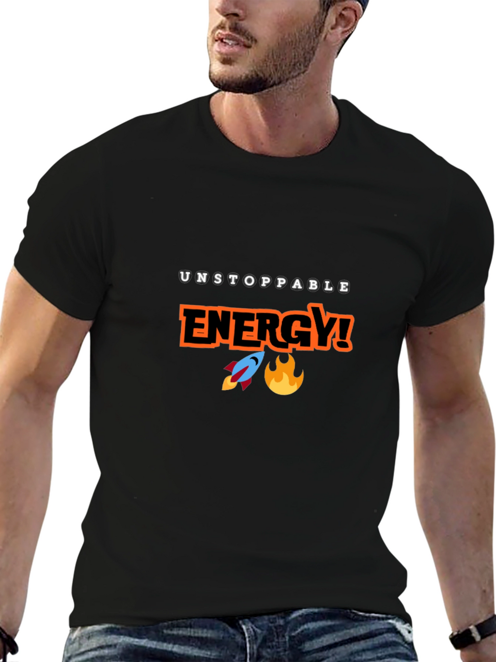 Unstoppable Energy Black T-Shirt - Rocket & Flame Design