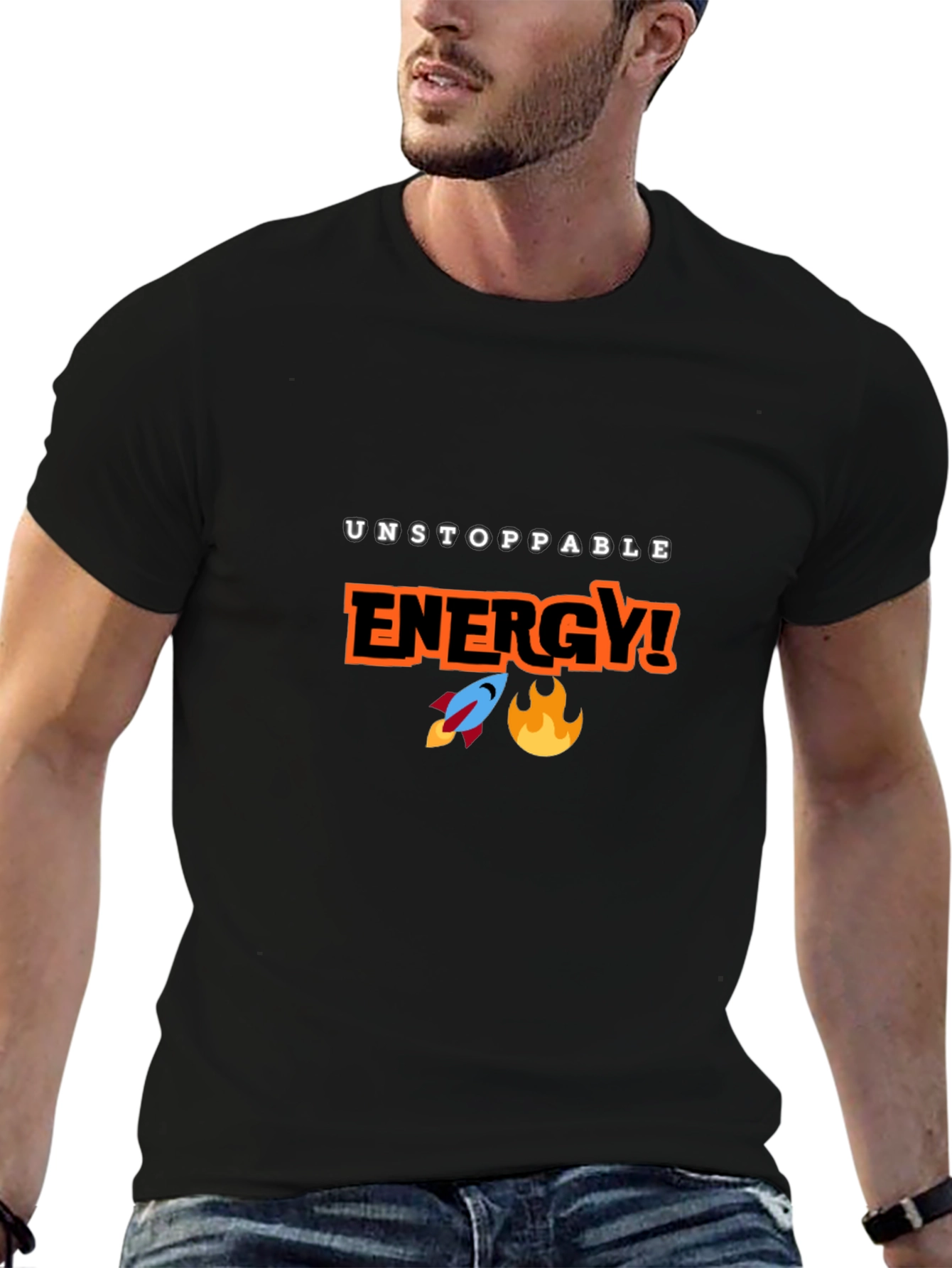 Unstoppable Energy Black T-Shirt - Rocket & Flame Design