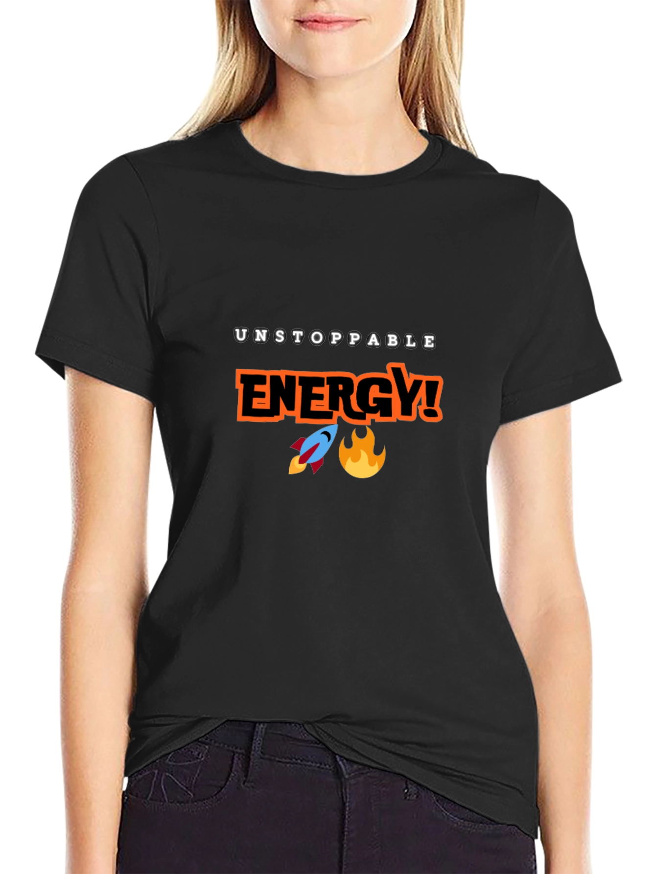 Unstoppable Energy Black T-Shirt - Rocket & Flame Design