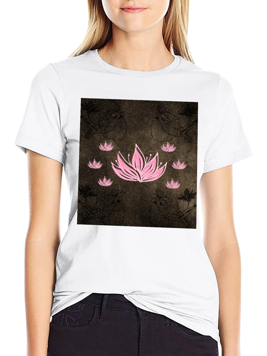 Lotus Graphic Black Tee - Unique Floral Design