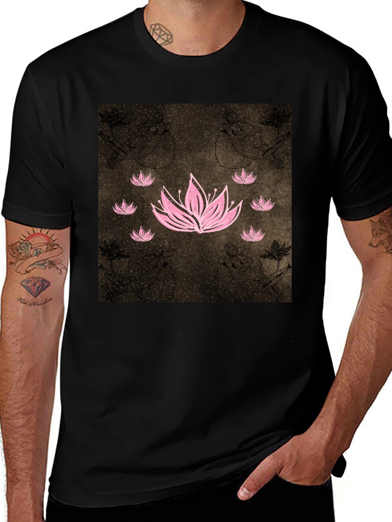 Lotus Graphic Black Tee - Unique Floral Design