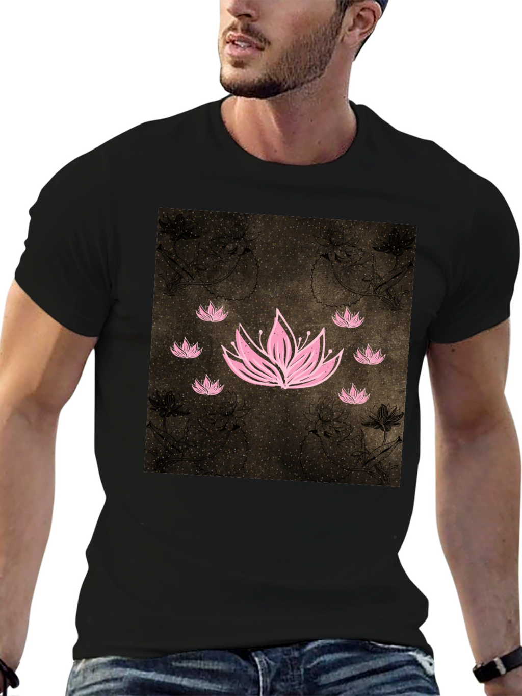 Lotus Graphic Black Tee - Unique Floral Design