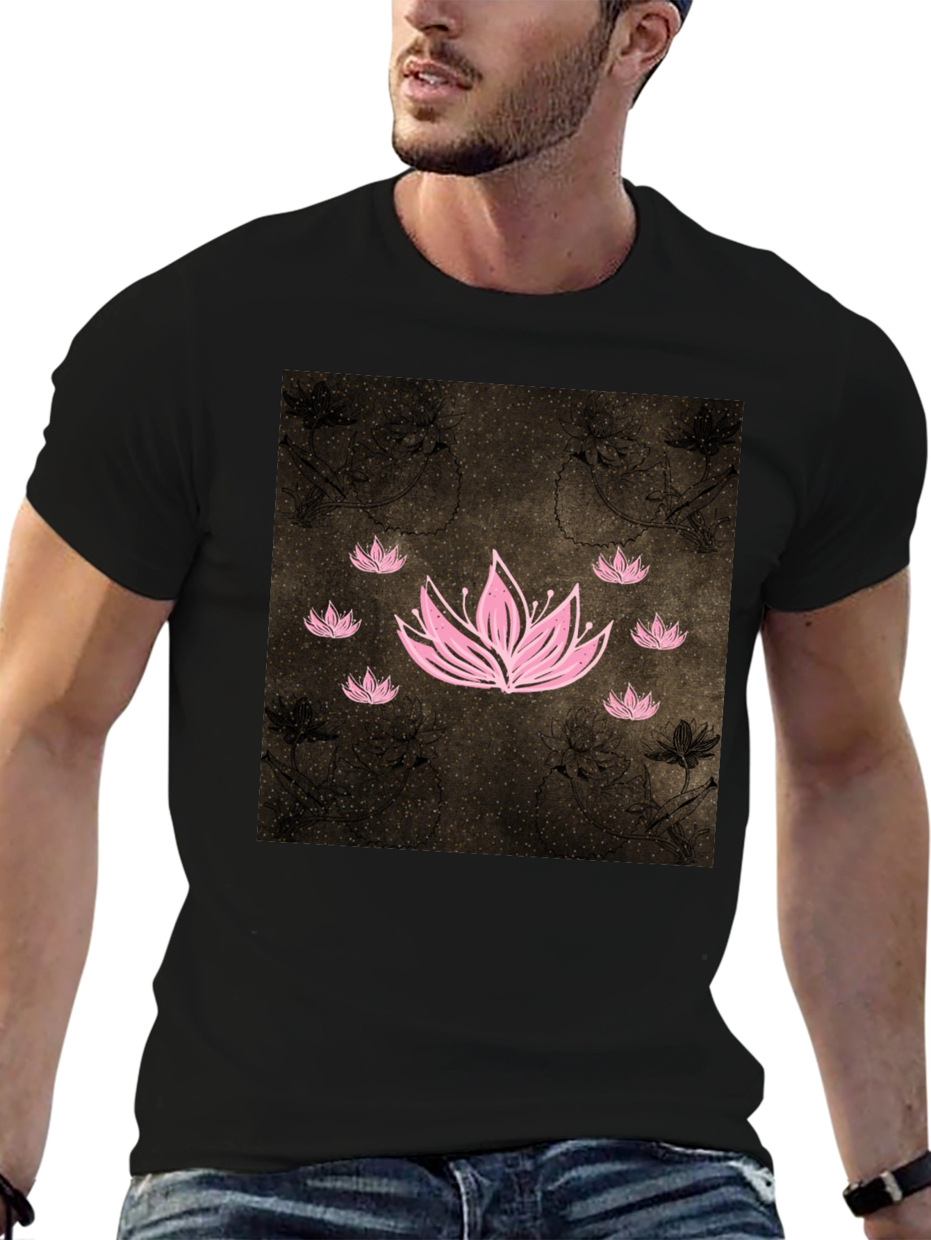 Lotus Graphic Black Tee - Unique Floral Design