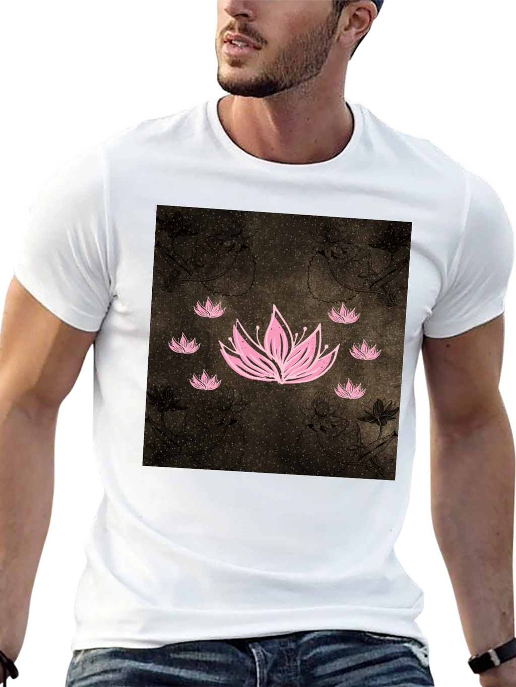Lotus Graphic Black Tee - Unique Floral Design