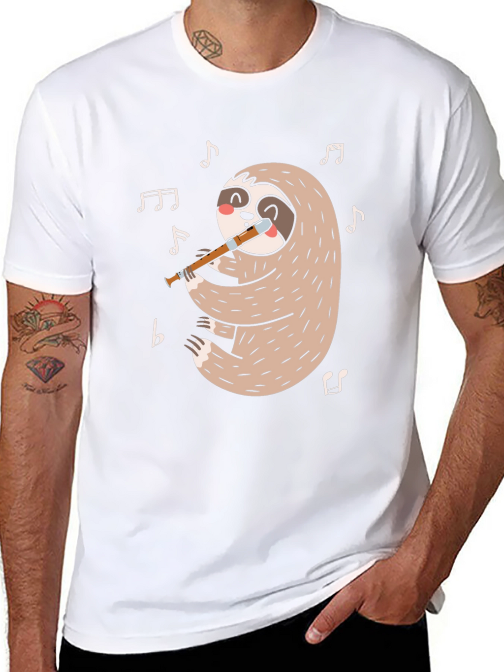 Sloth Flute Musician Black T-Shirt