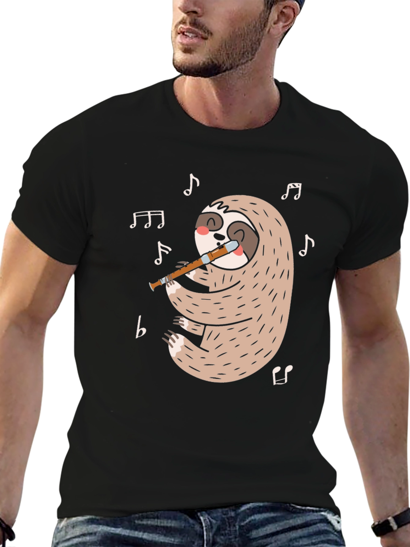 Sloth Flute Musician Black T-Shirt