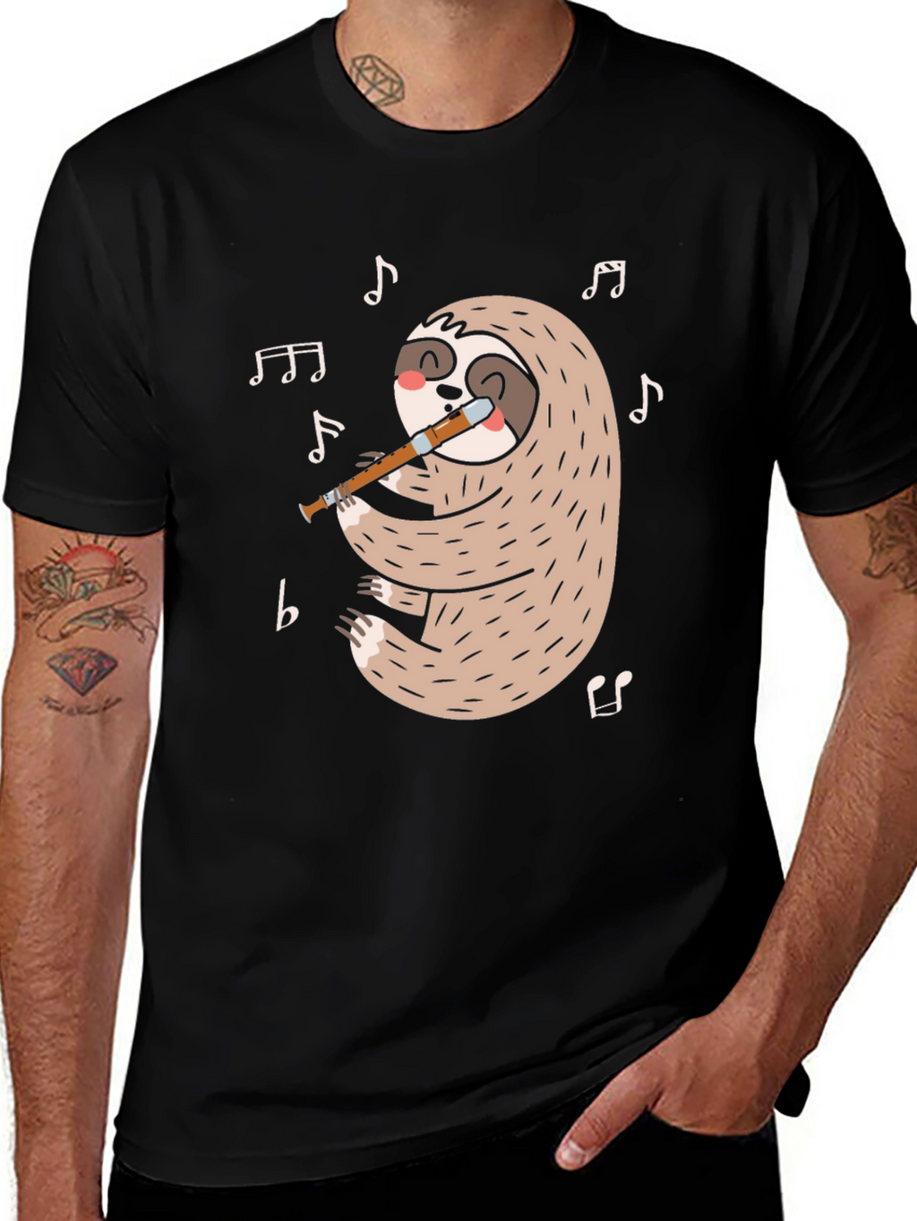 Sloth Flute Musician Black T-Shirt
