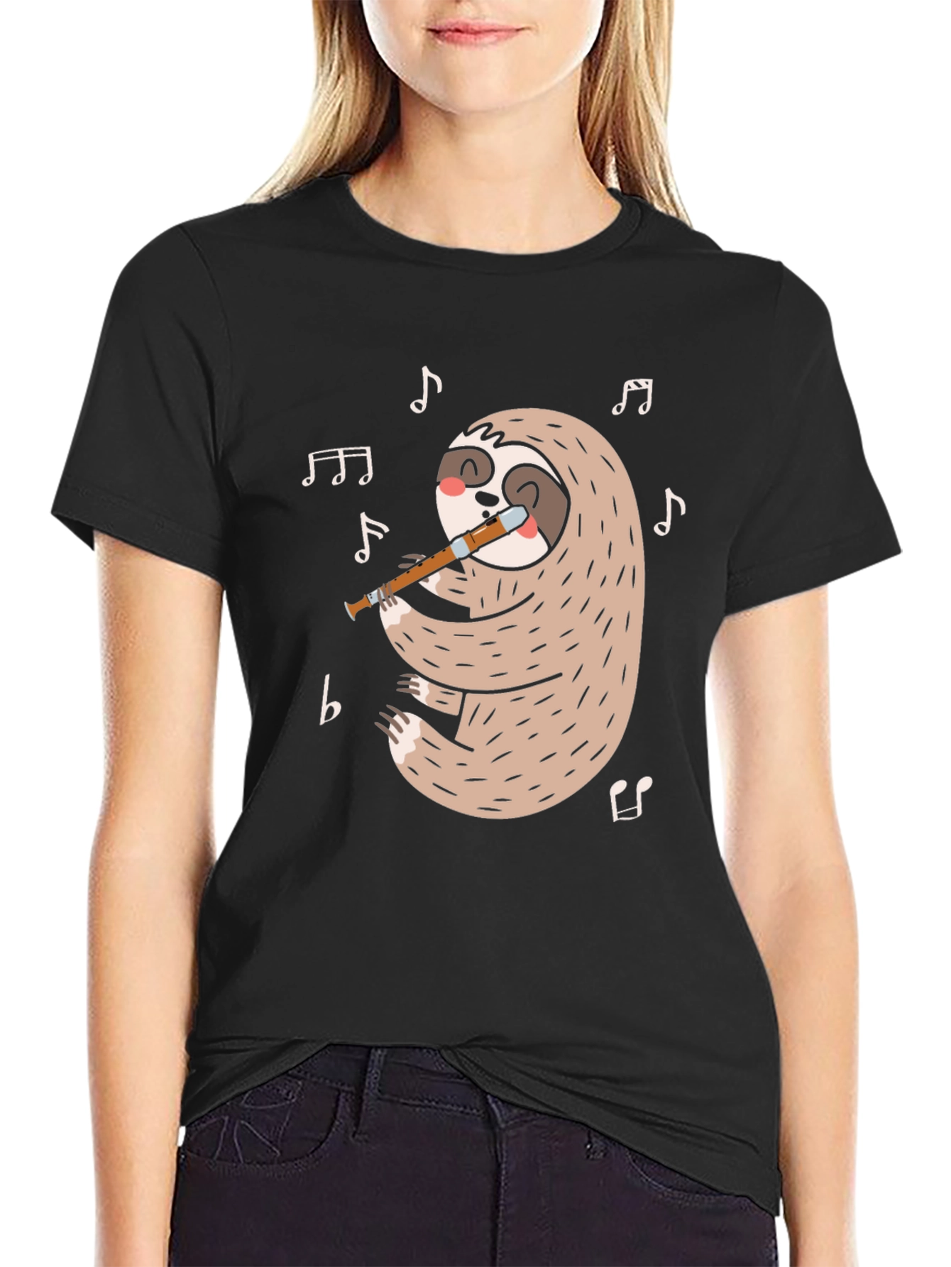 Sloth Flute Musician Black T-Shirt