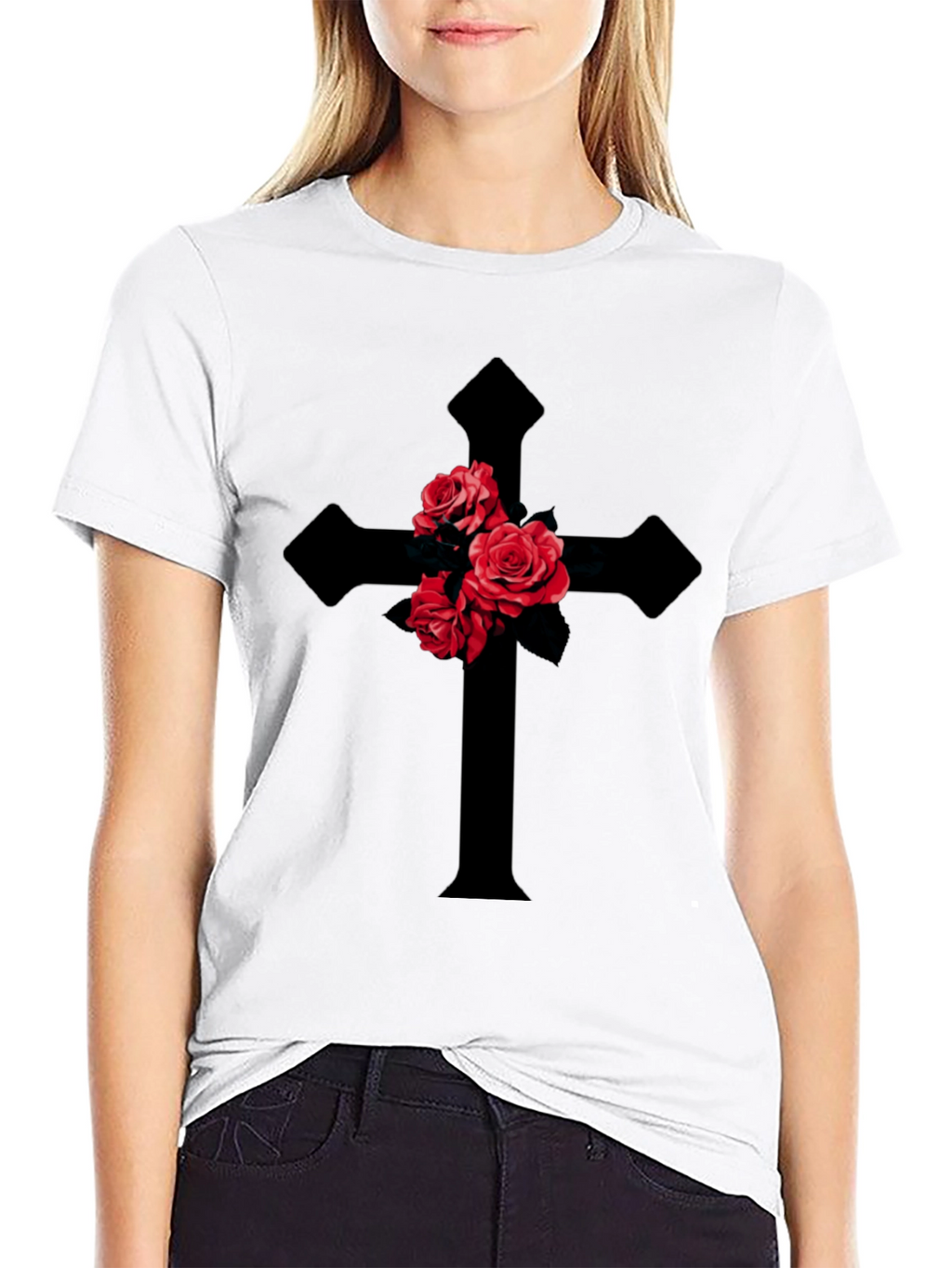 Rose Cross Graphic T-Shirt - Gothic Style