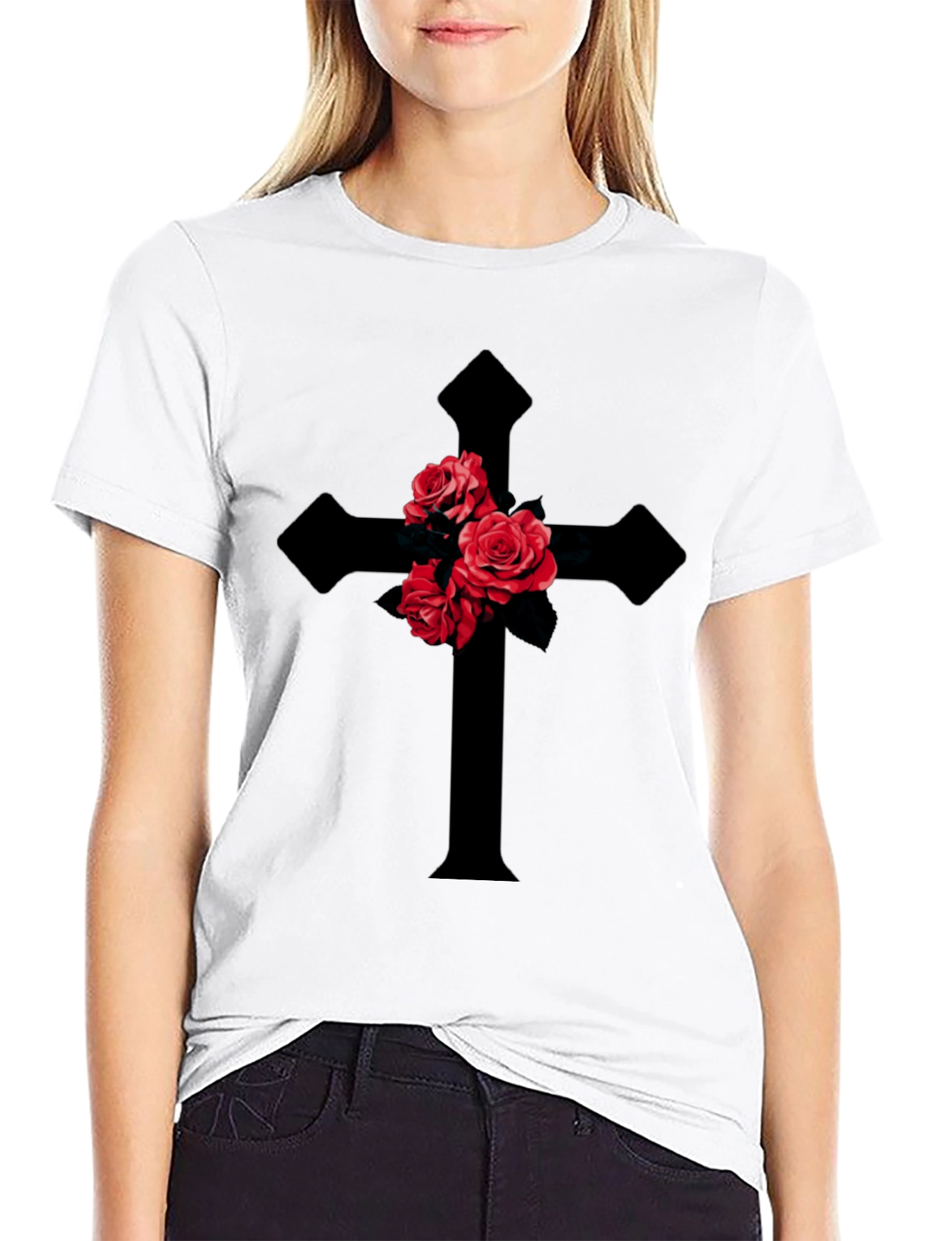 Rose Cross Graphic T-Shirt - Gothic Style
