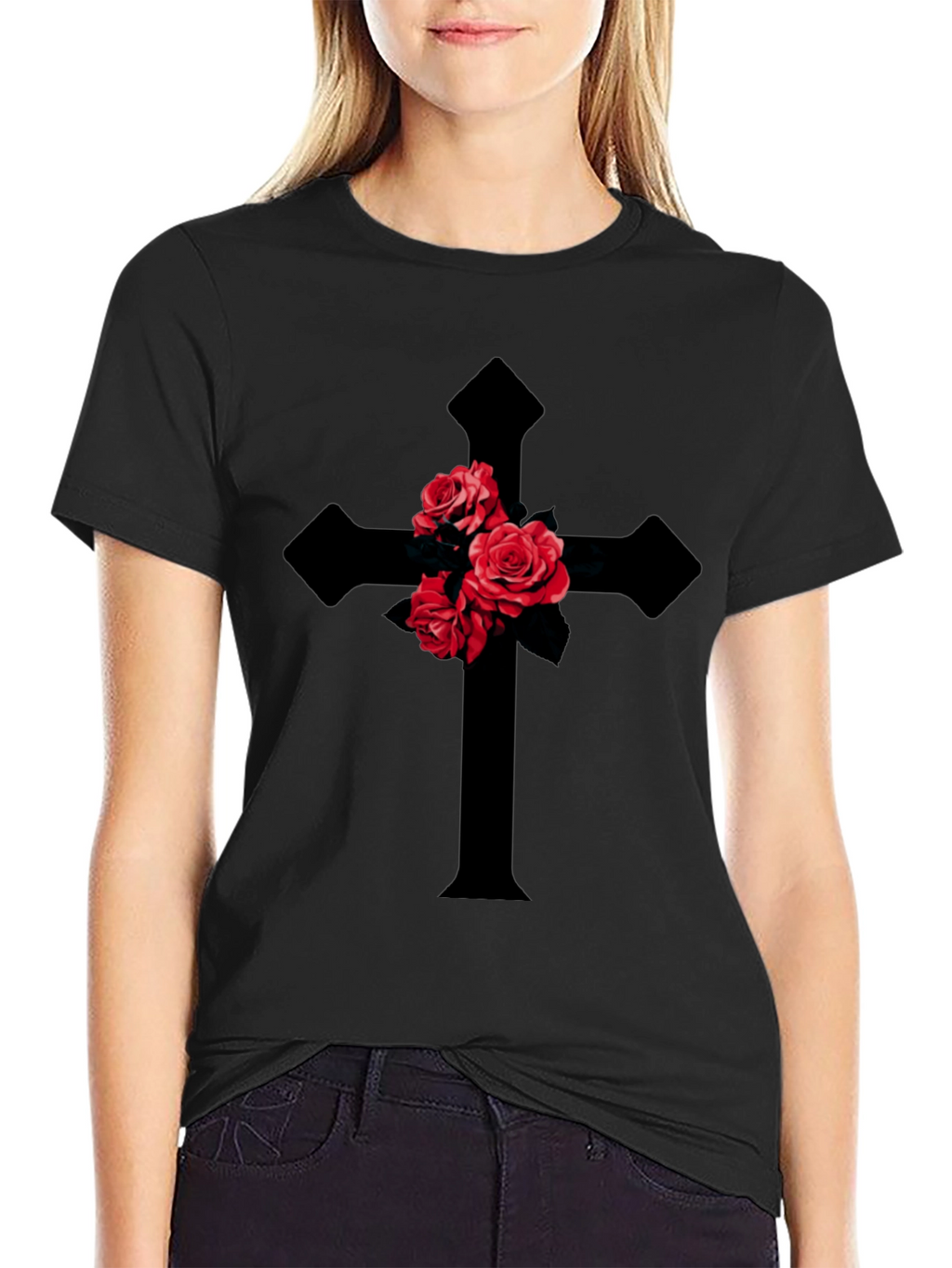 Rose Cross Graphic T-Shirt - Gothic Style