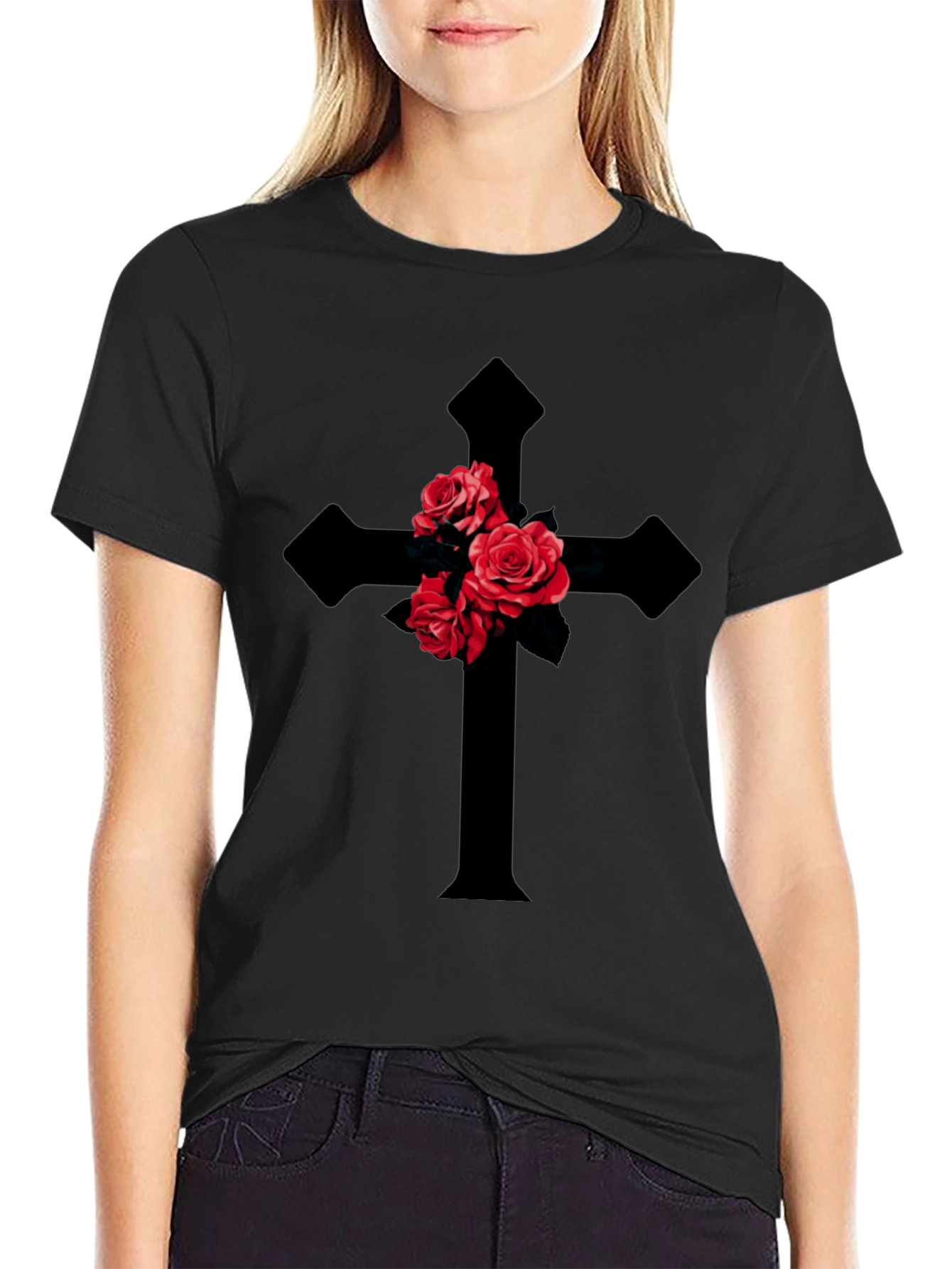 Rose Cross Graphic T-Shirt - Gothic Style