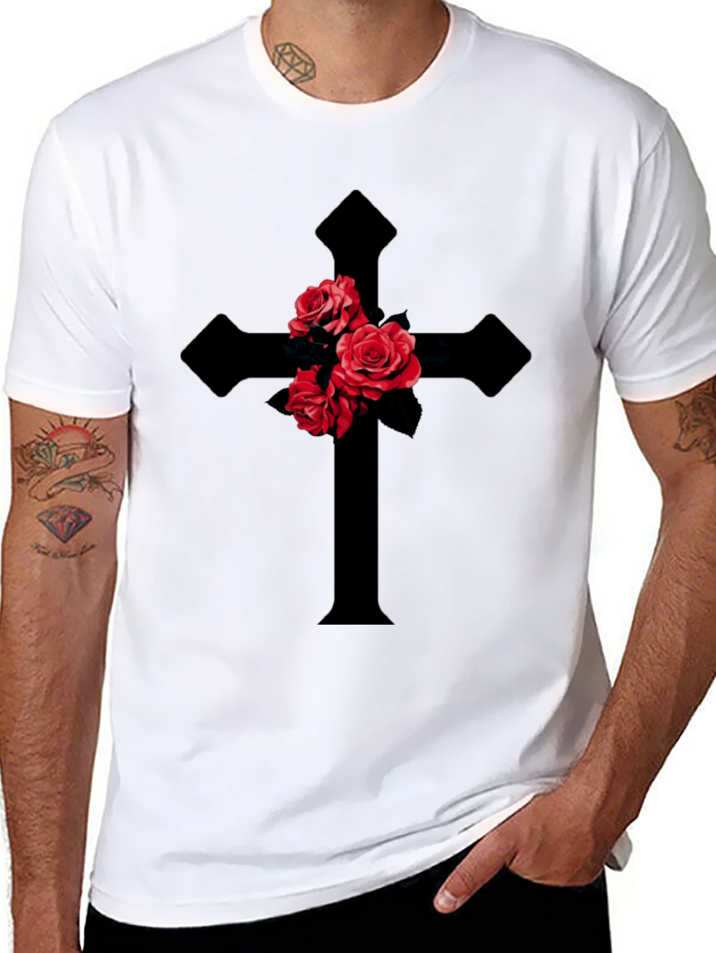 Rose Cross Graphic T-Shirt - Gothic Style