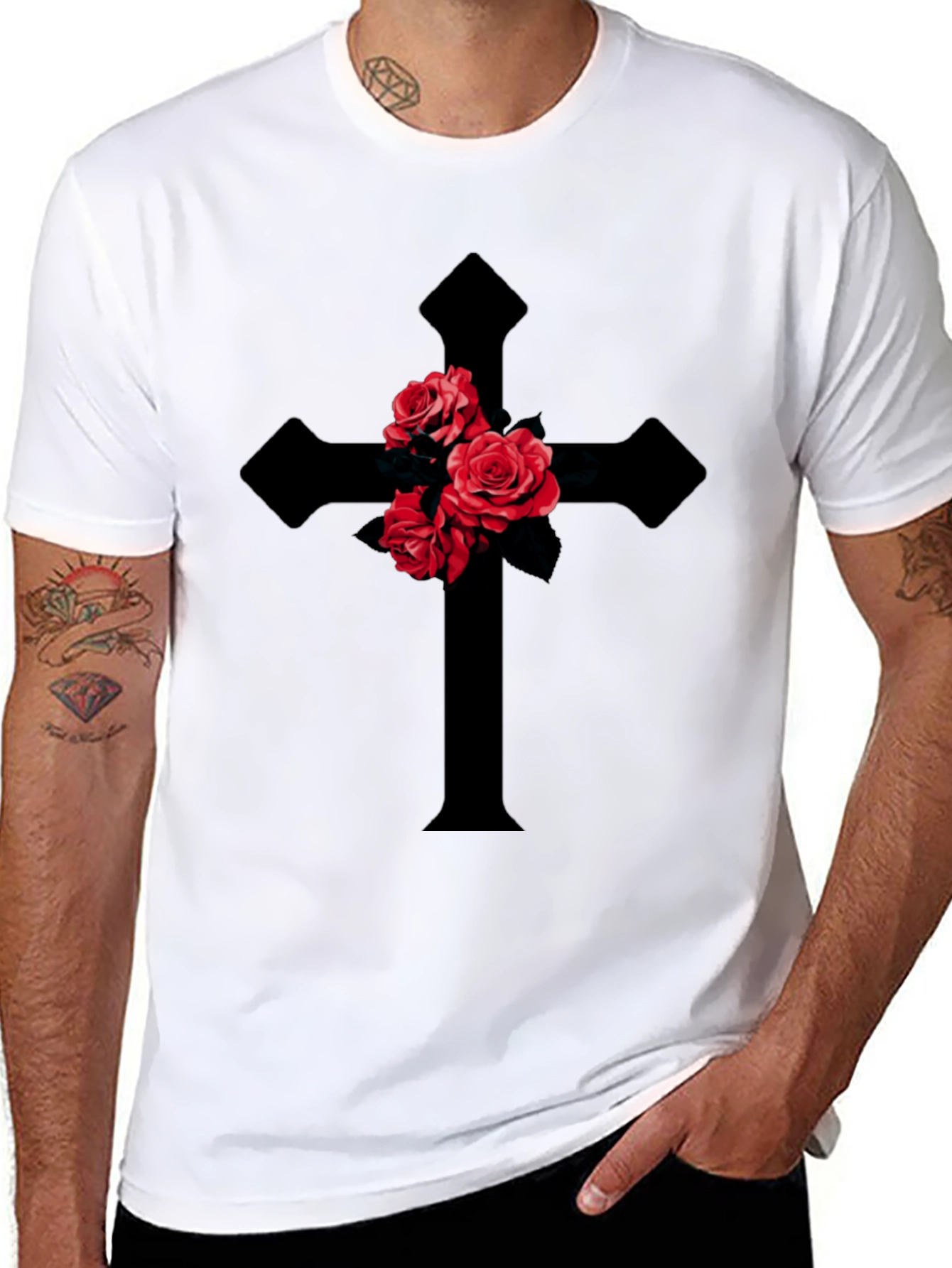 Rose Cross Graphic T-Shirt - Gothic Style