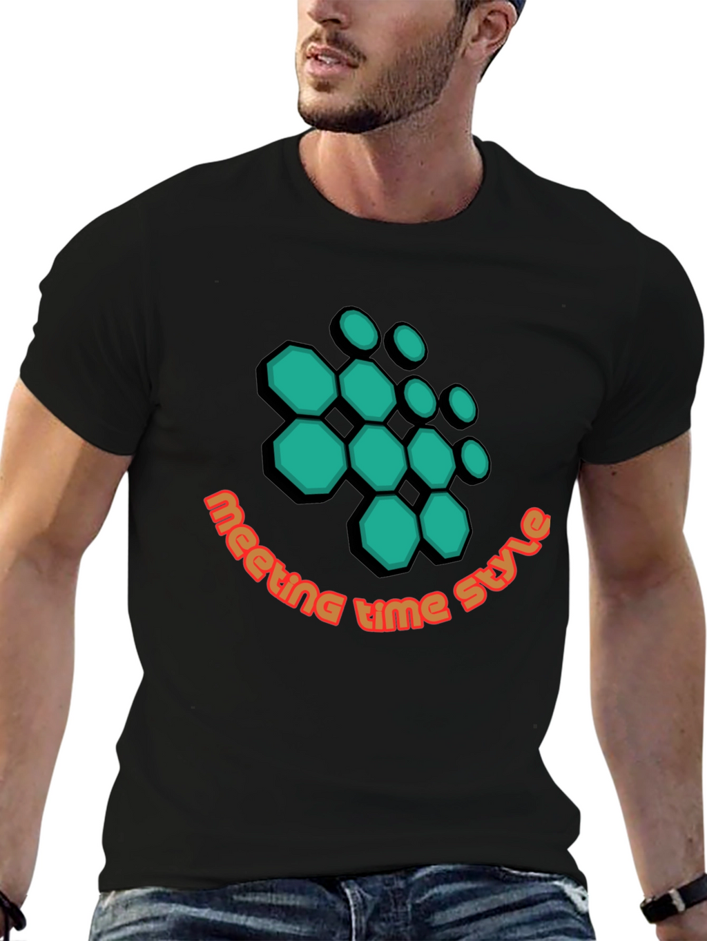 Geometric Hexagon Design Black T-Shirt