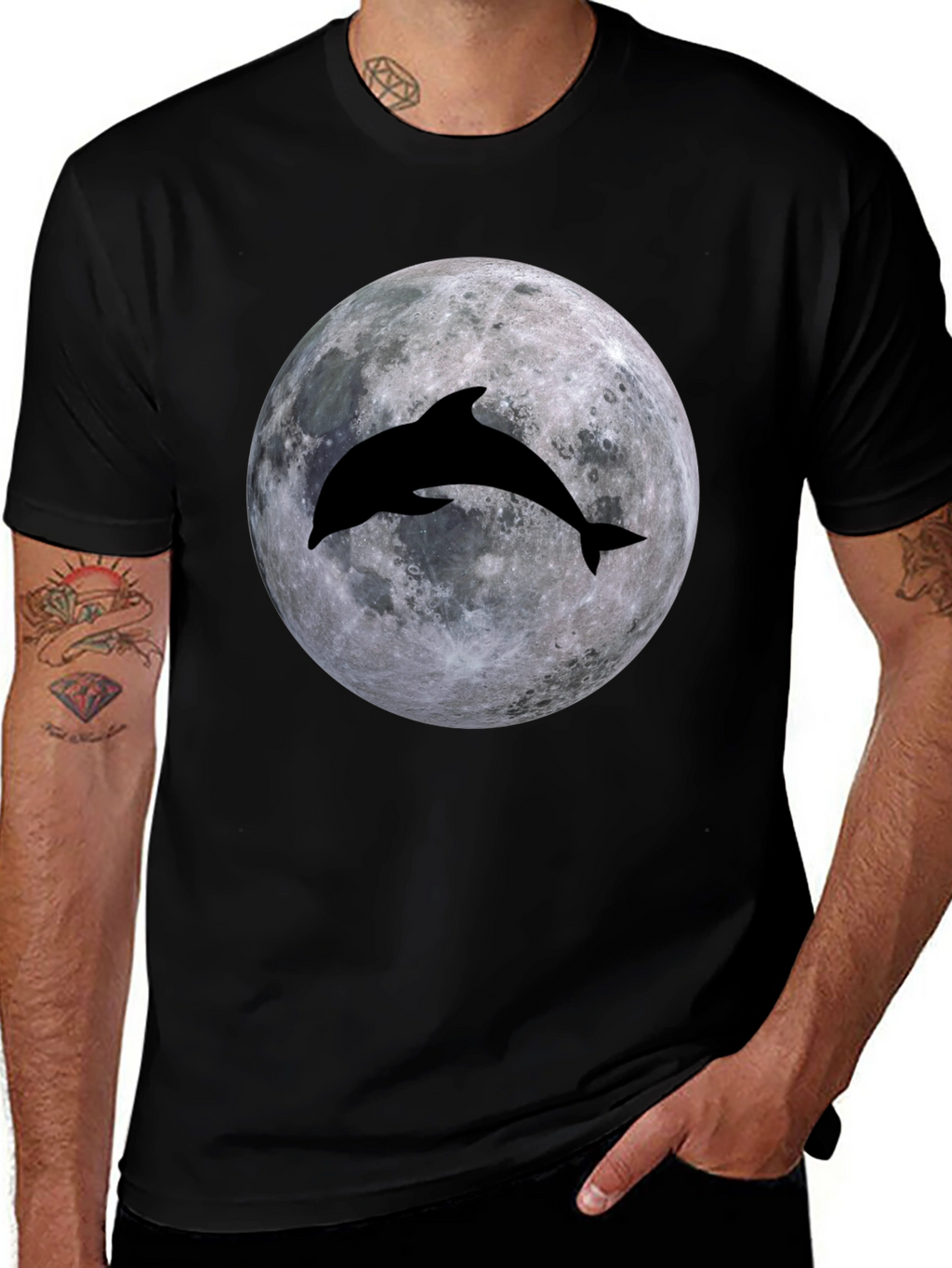 Dolphin Moon Graphic T-Shirt - Black