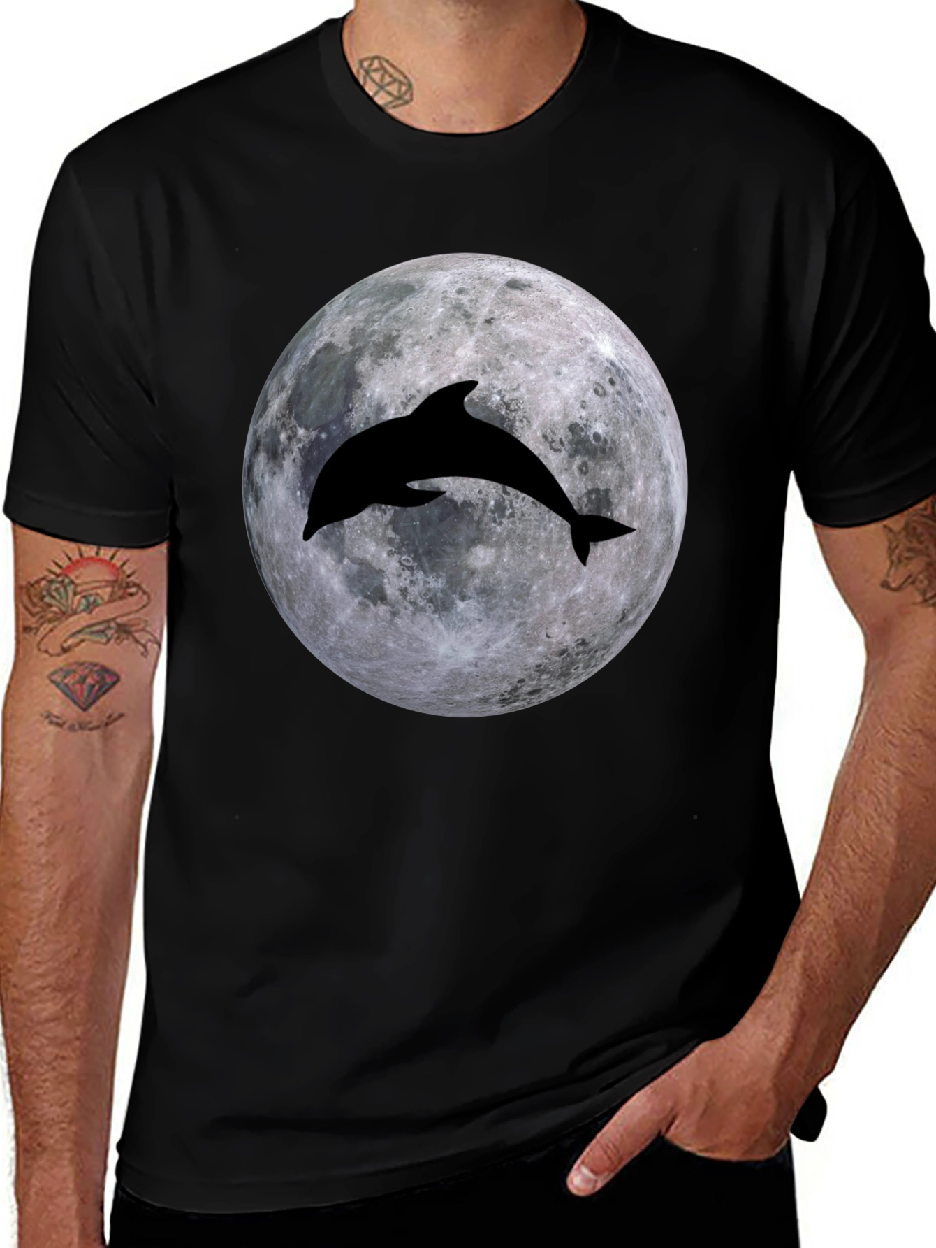Dolphin Moon Graphic T-Shirt - Black