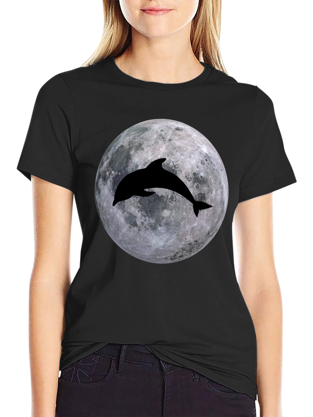 Dolphin Moon Graphic T-Shirt - Black