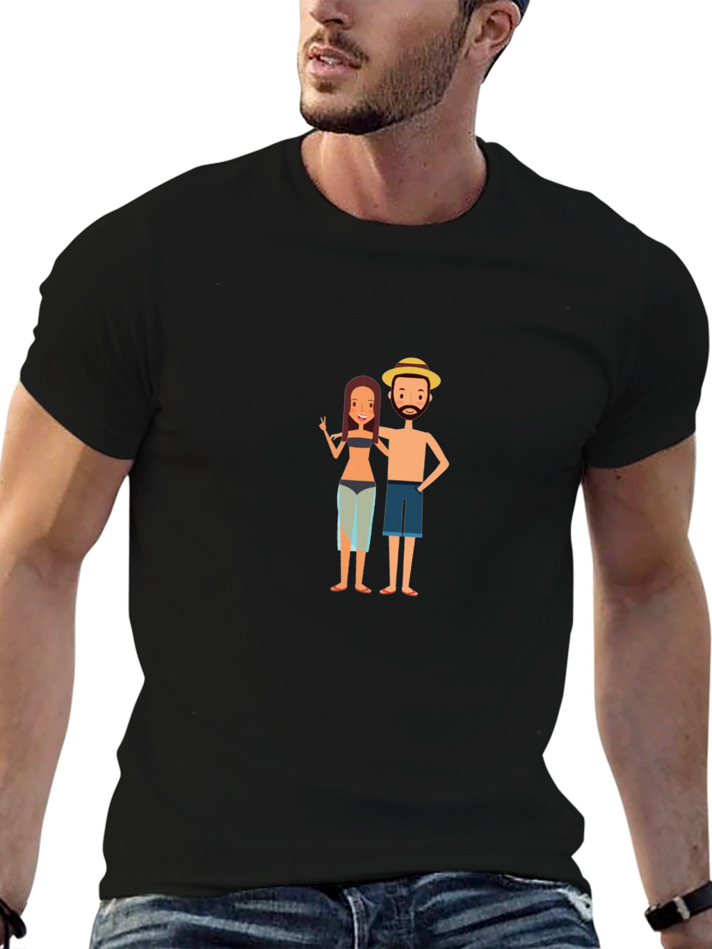 Black Graphic Tee - Tropical Vacation Couple Design