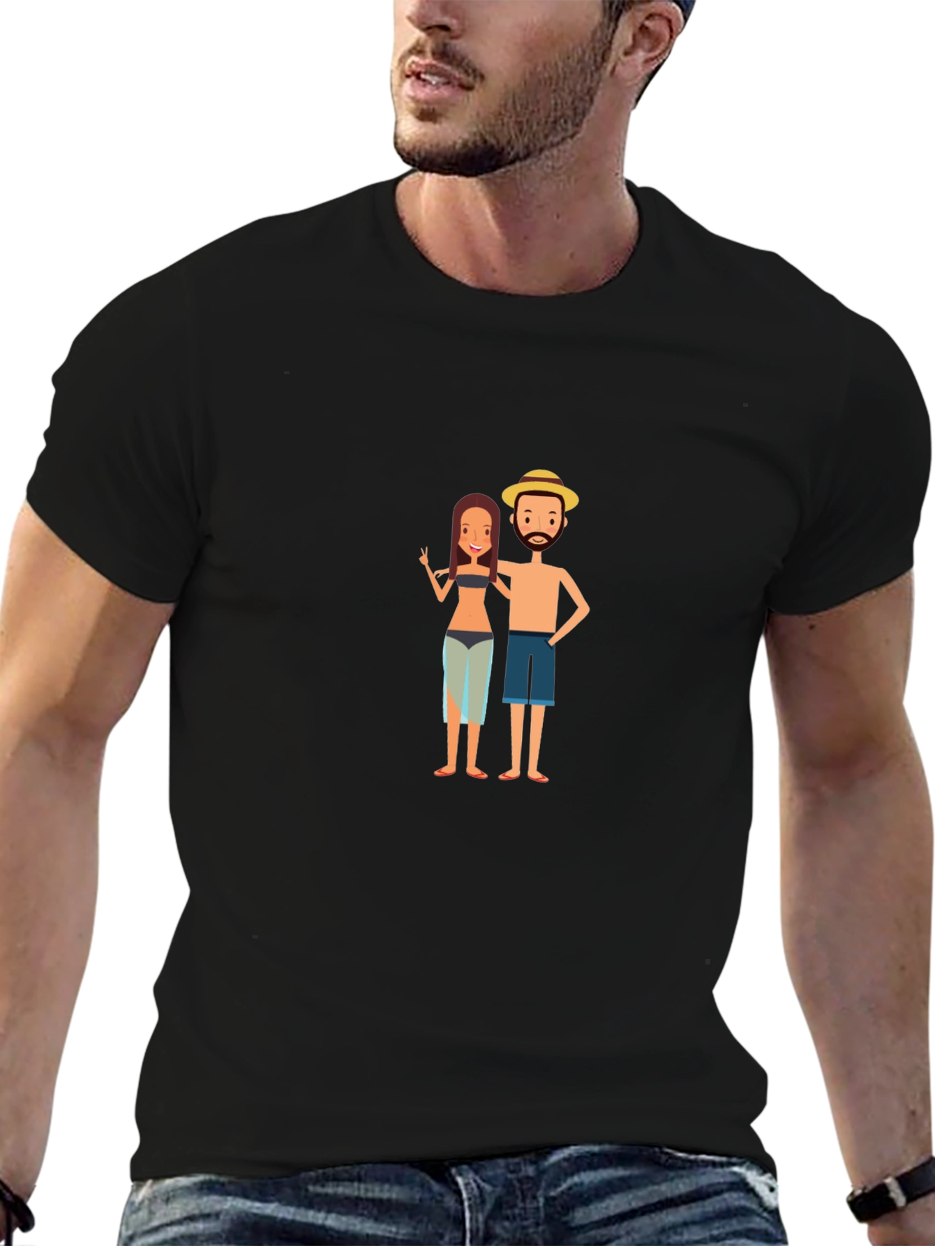 Black Graphic Tee - Tropical Vacation Couple Design