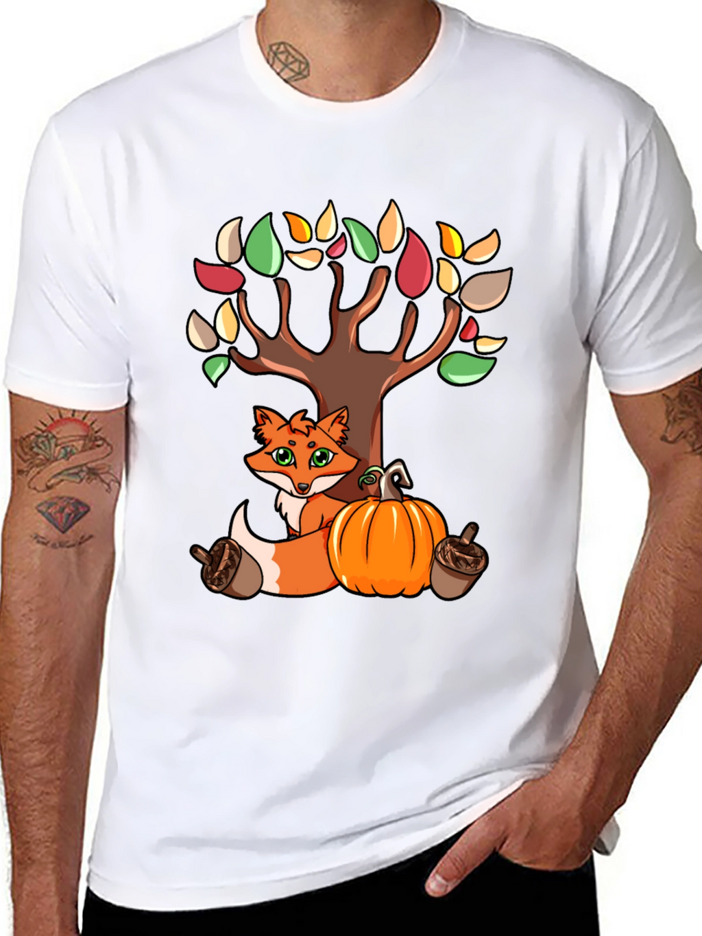 Autumn Fox & Tree Black T-Shirt