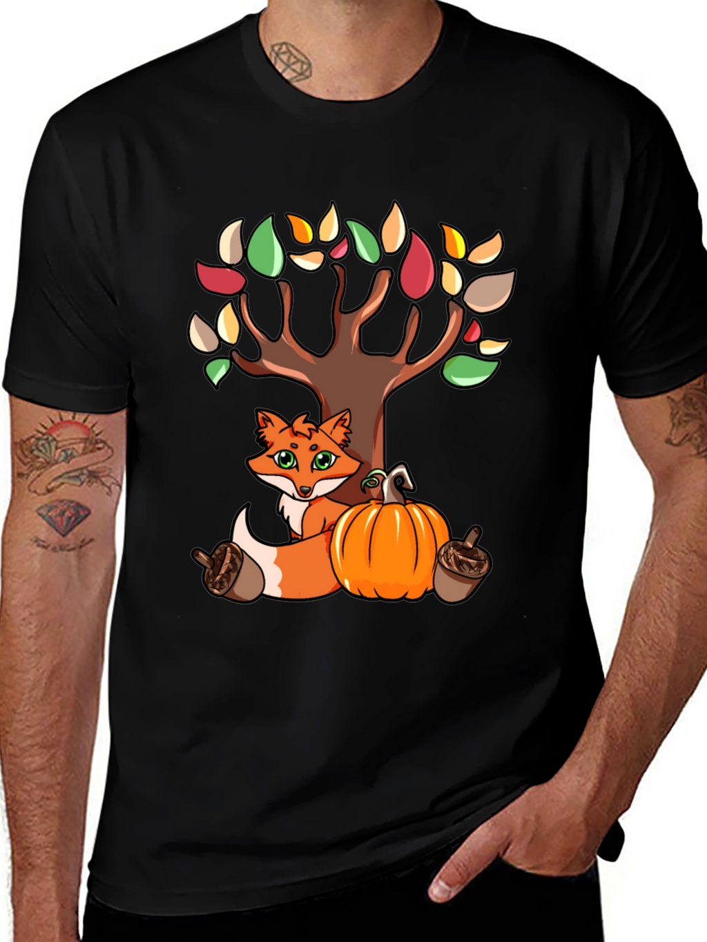 Autumn Fox & Tree Black T-Shirt
