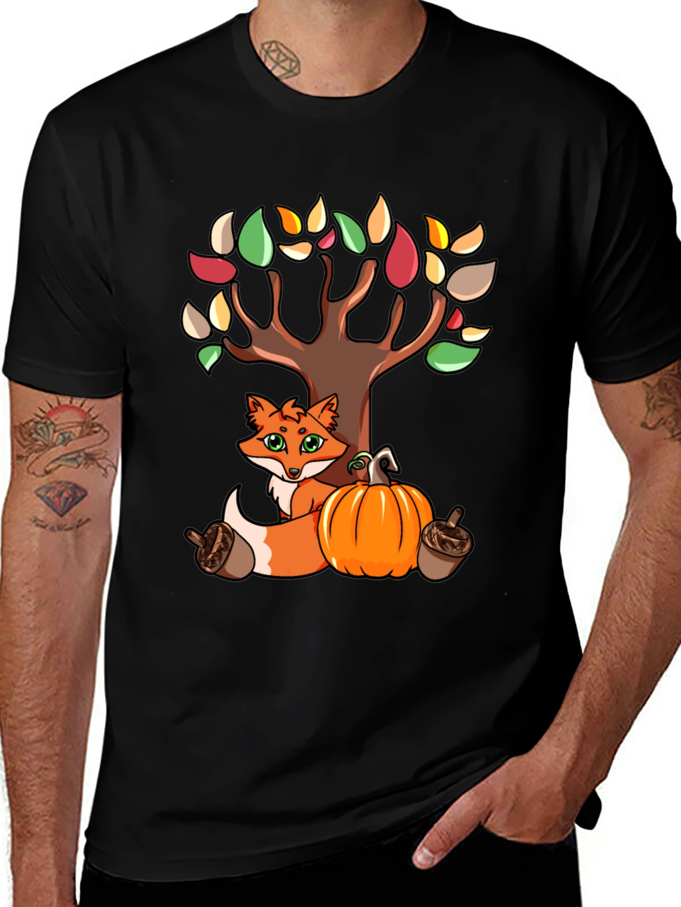 Autumn Fox & Tree Black T-Shirt