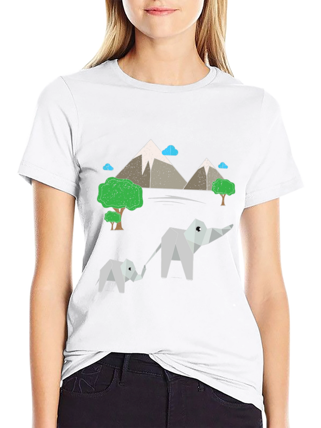 Origami Elephant & Mountain Black T-Shirt