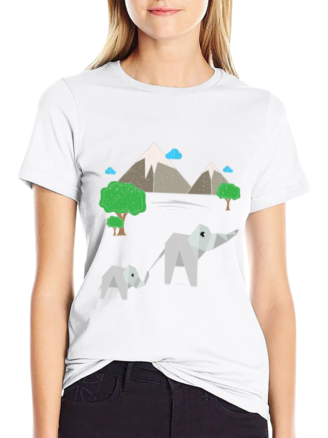 Origami Elephant & Mountain Black T-Shirt