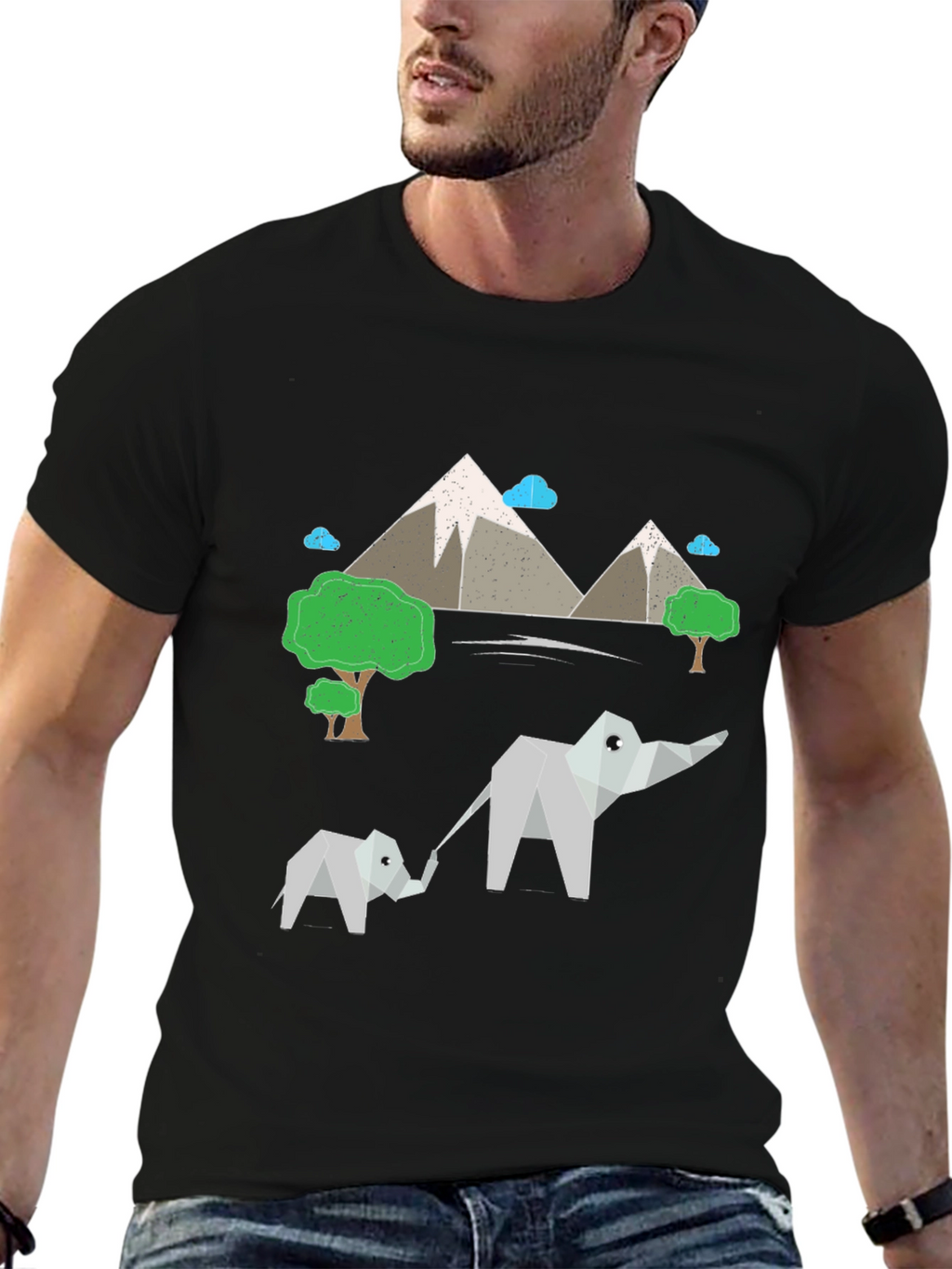 Origami Elephant & Mountain Black T-Shirt