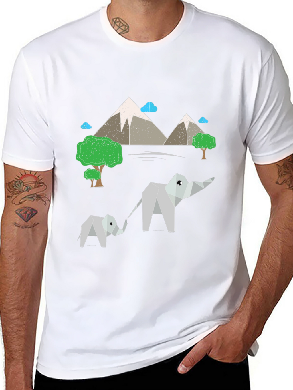 Origami Elephant & Mountain Black T-Shirt