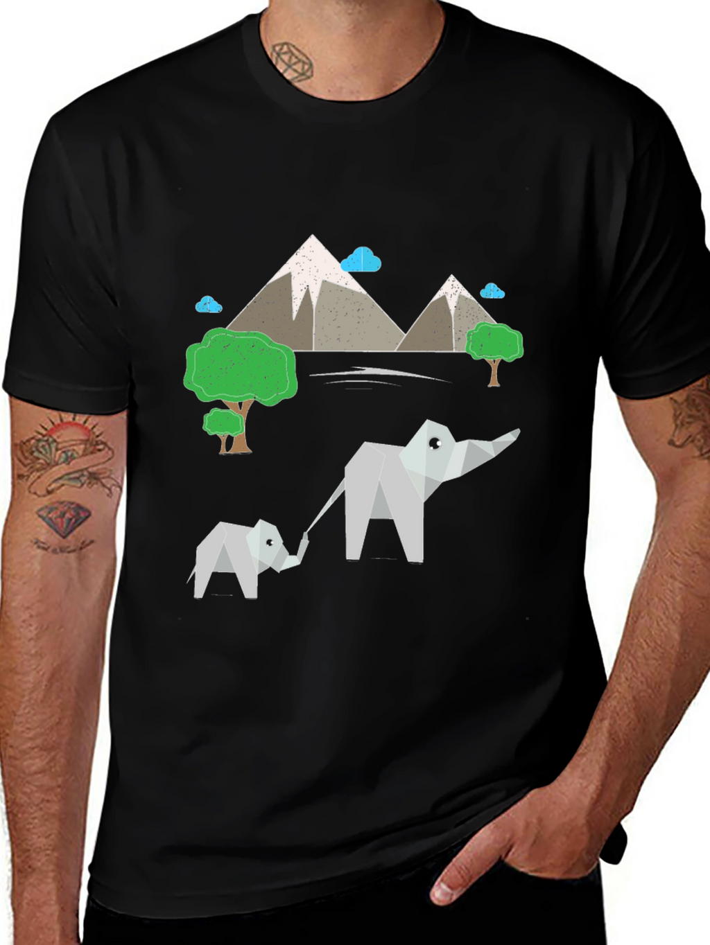 Origami Elephant & Mountain Black T-Shirt