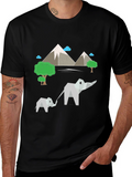 Origami Elephant & Mountain Black T-Shirt