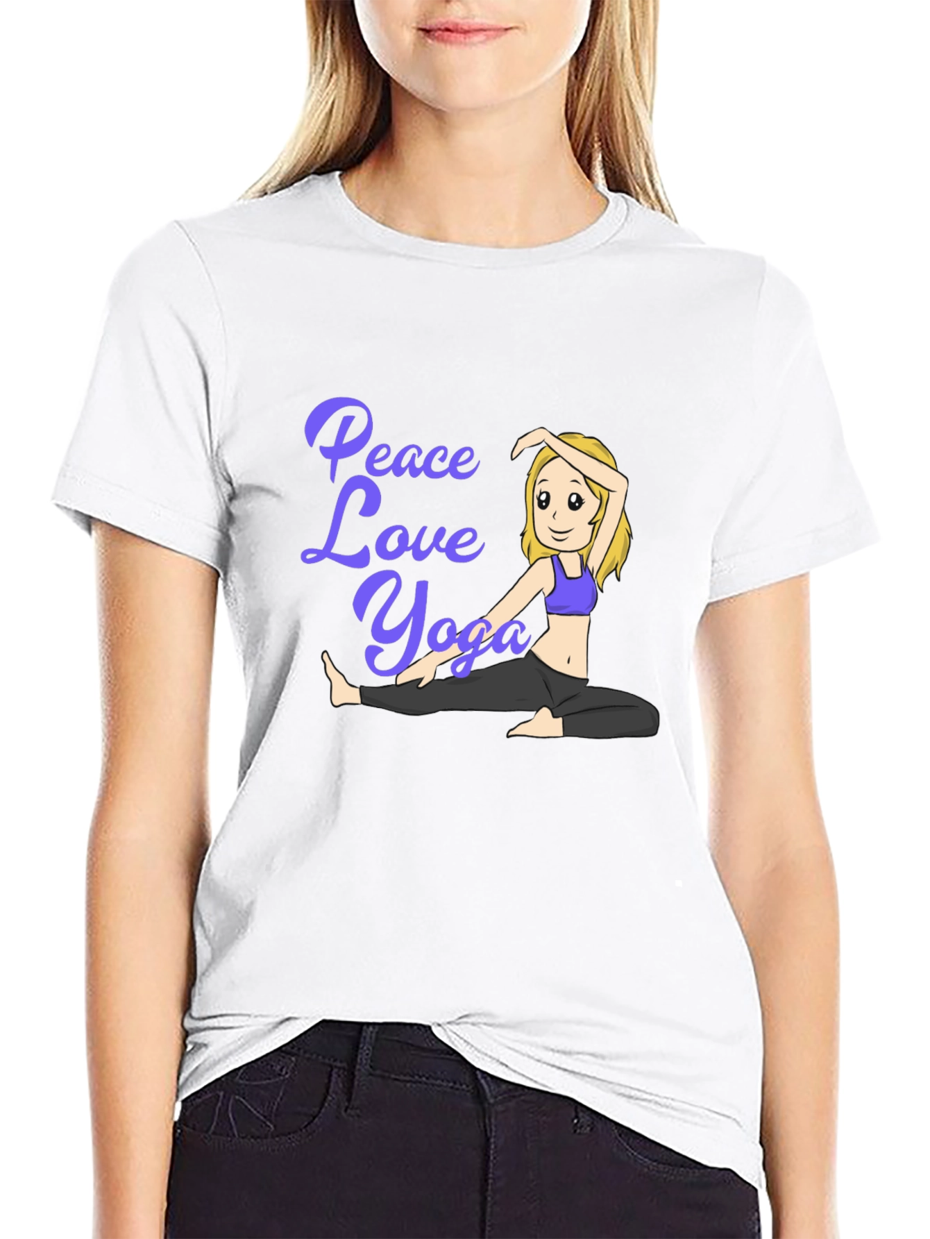Peace Love Yoga Black T-Shirt - Cartoon Girl