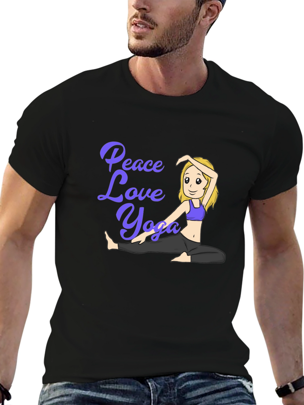 Peace Love Yoga Black T-Shirt - Cartoon Girl