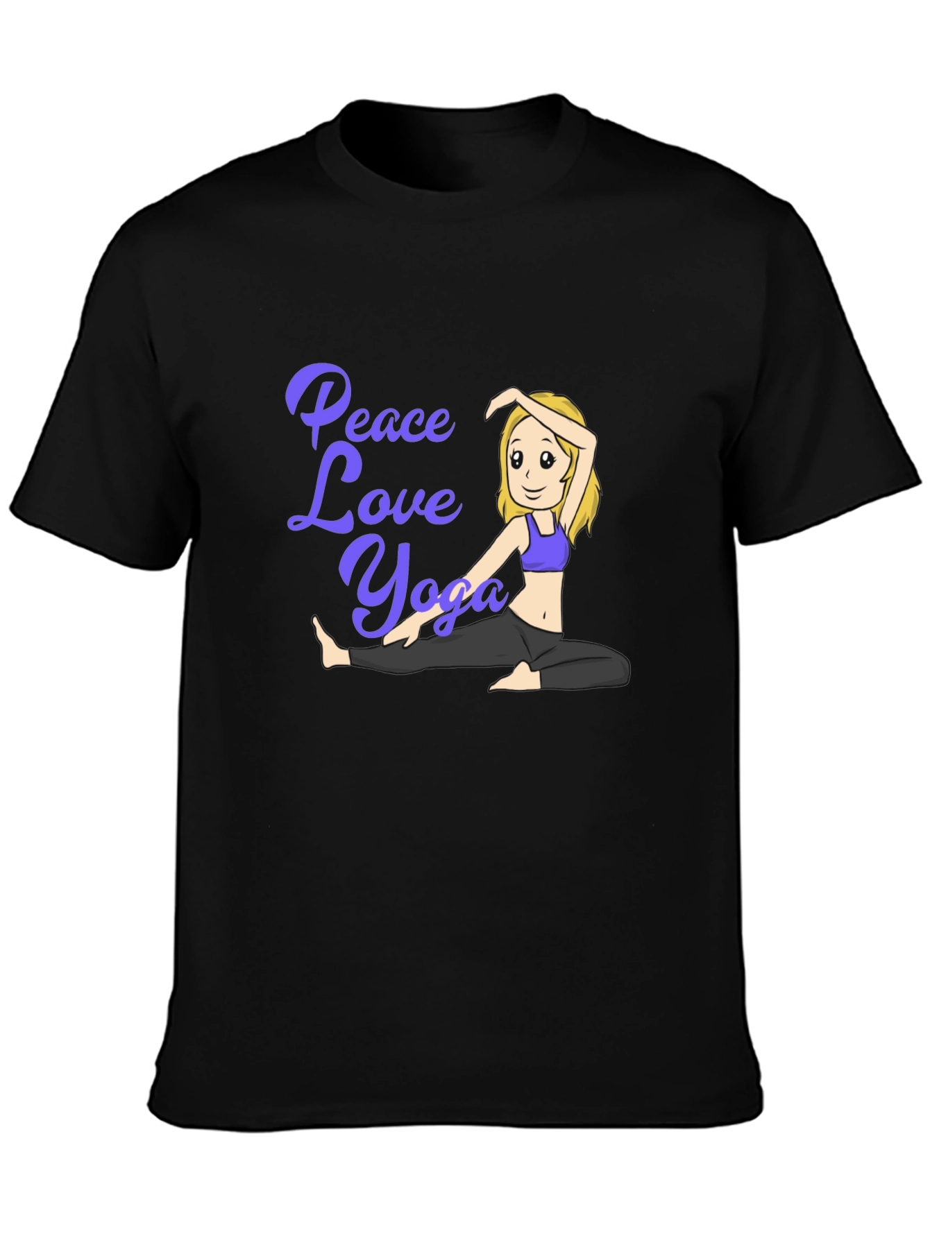 Peace Love Yoga Black T-Shirt - Cartoon Girl