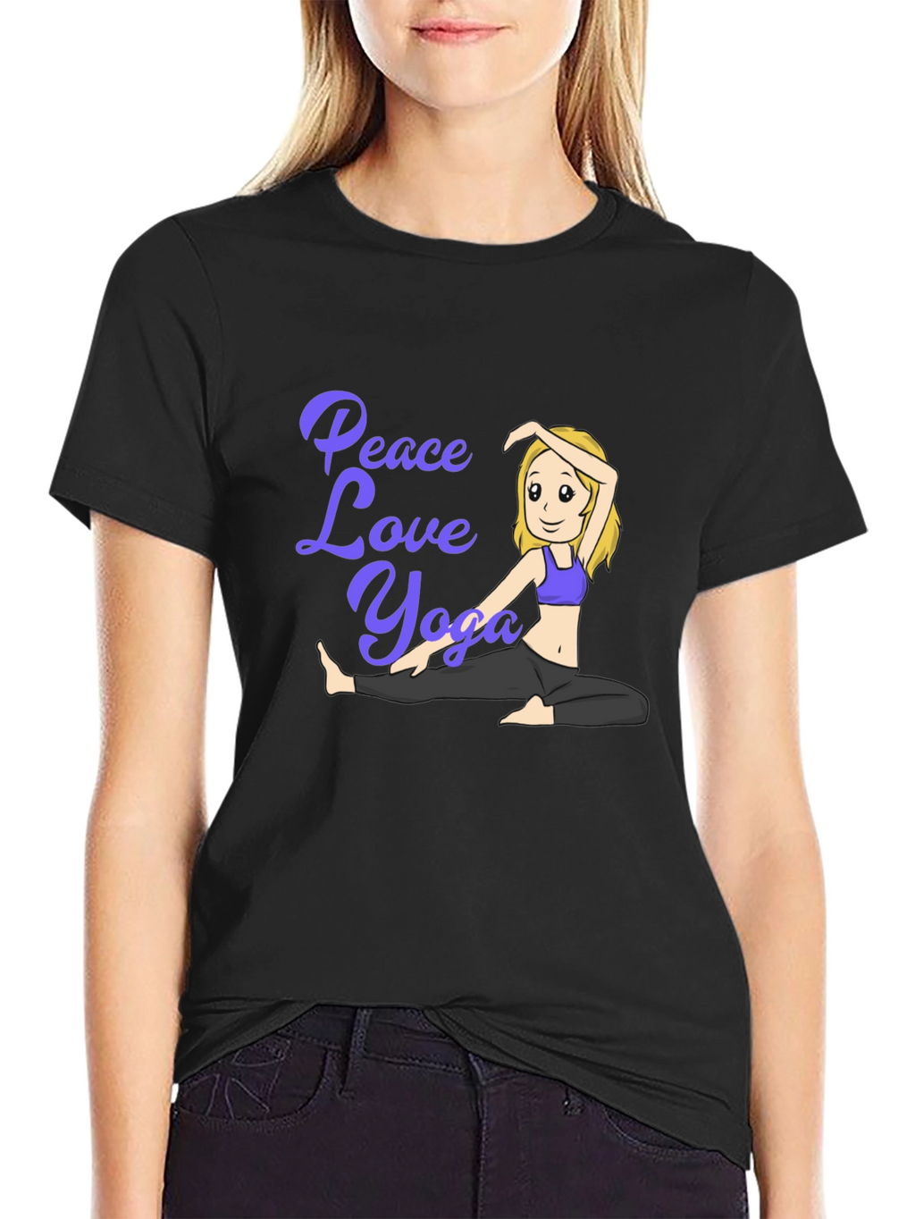Peace Love Yoga Black T-Shirt - Cartoon Girl