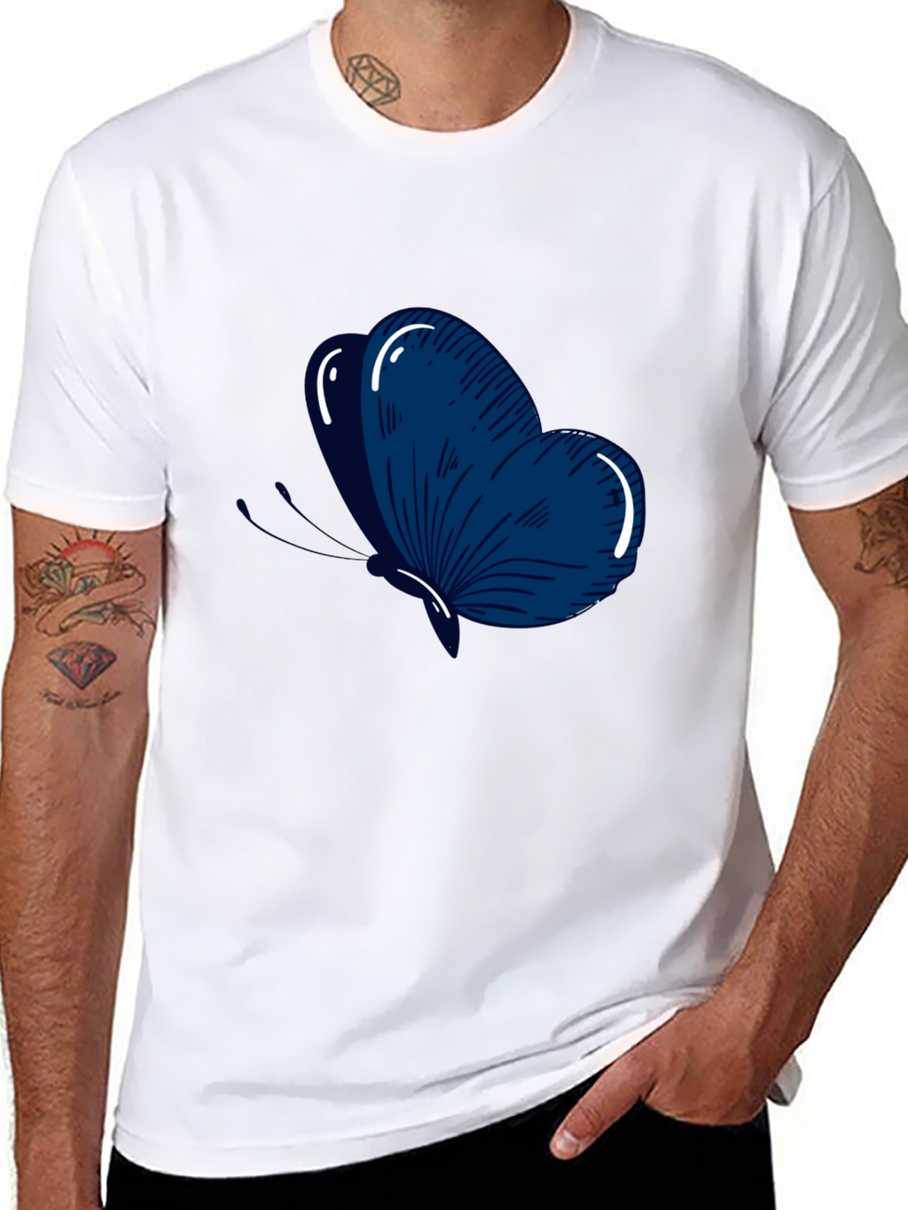 Mens Black T-Shirt with Blue Butterfly Graphic
