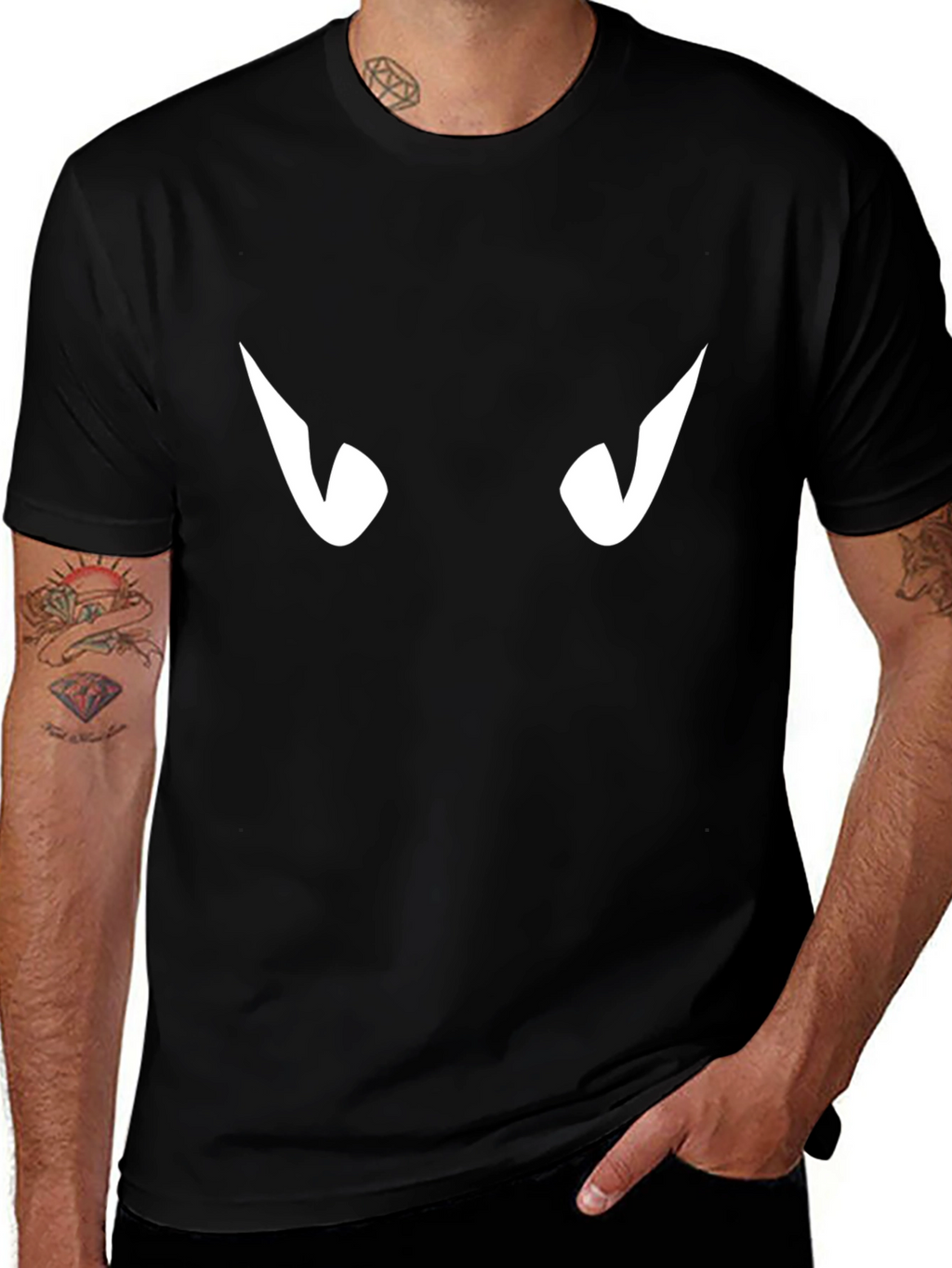 Mens Black T-Shirt with White Eyes Graphic