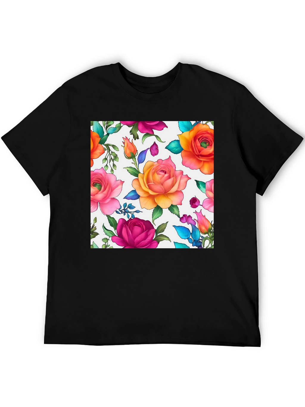 Floral Rose Print Black T-Shirt