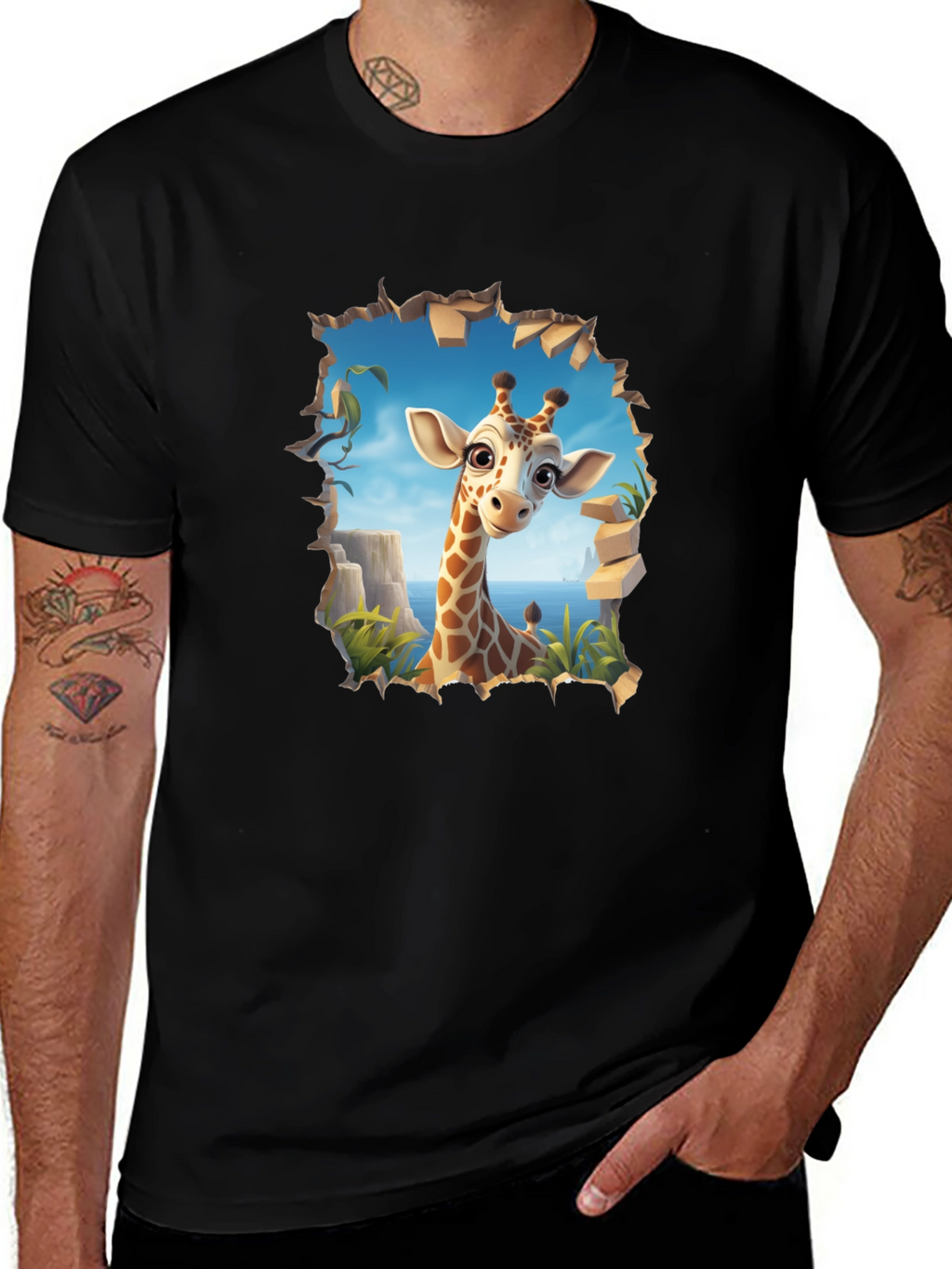 Giraffe Graphic Print Black T-Shirt