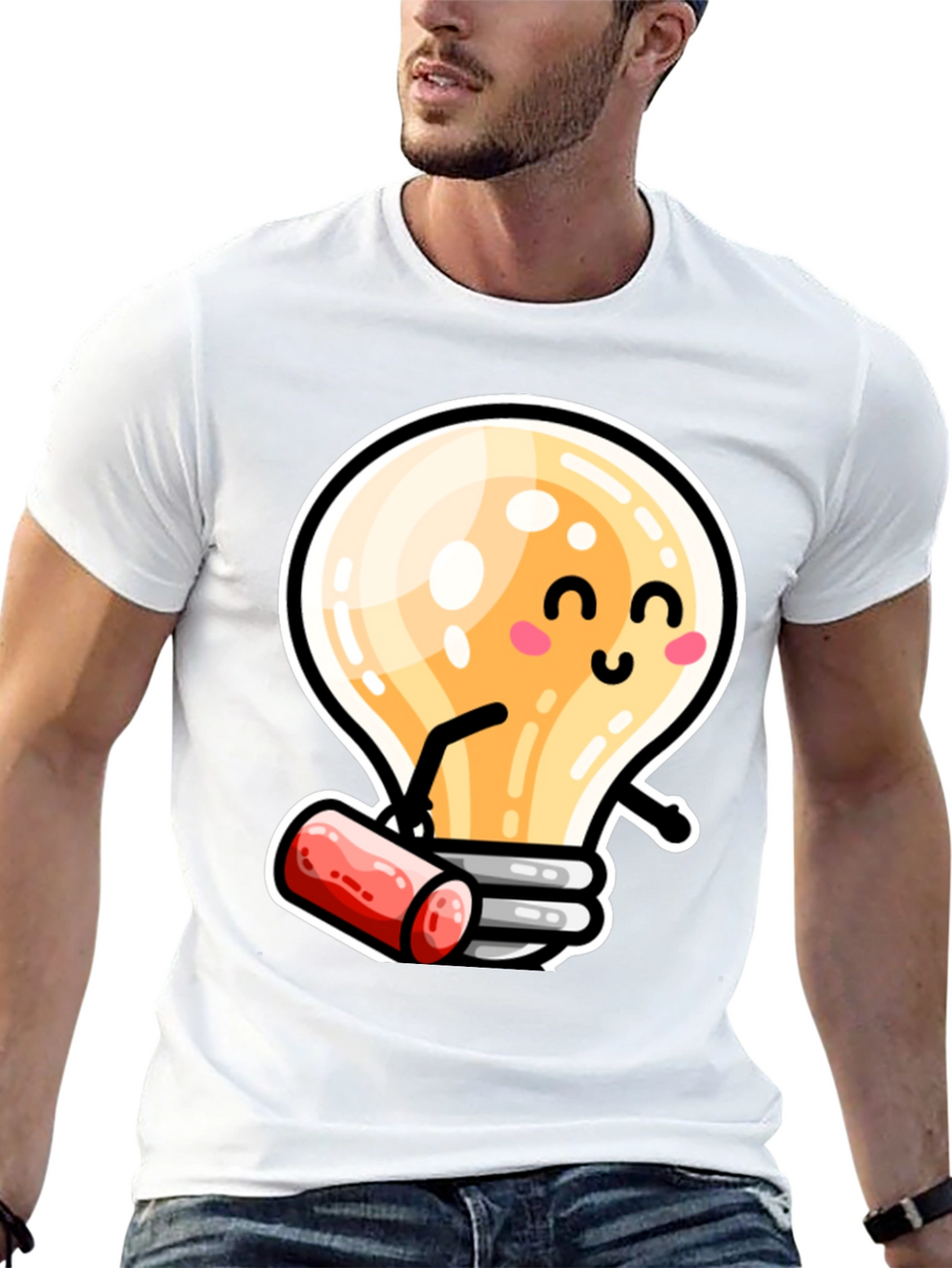Cute Light Bulb Cartoon T-Shirt - Black