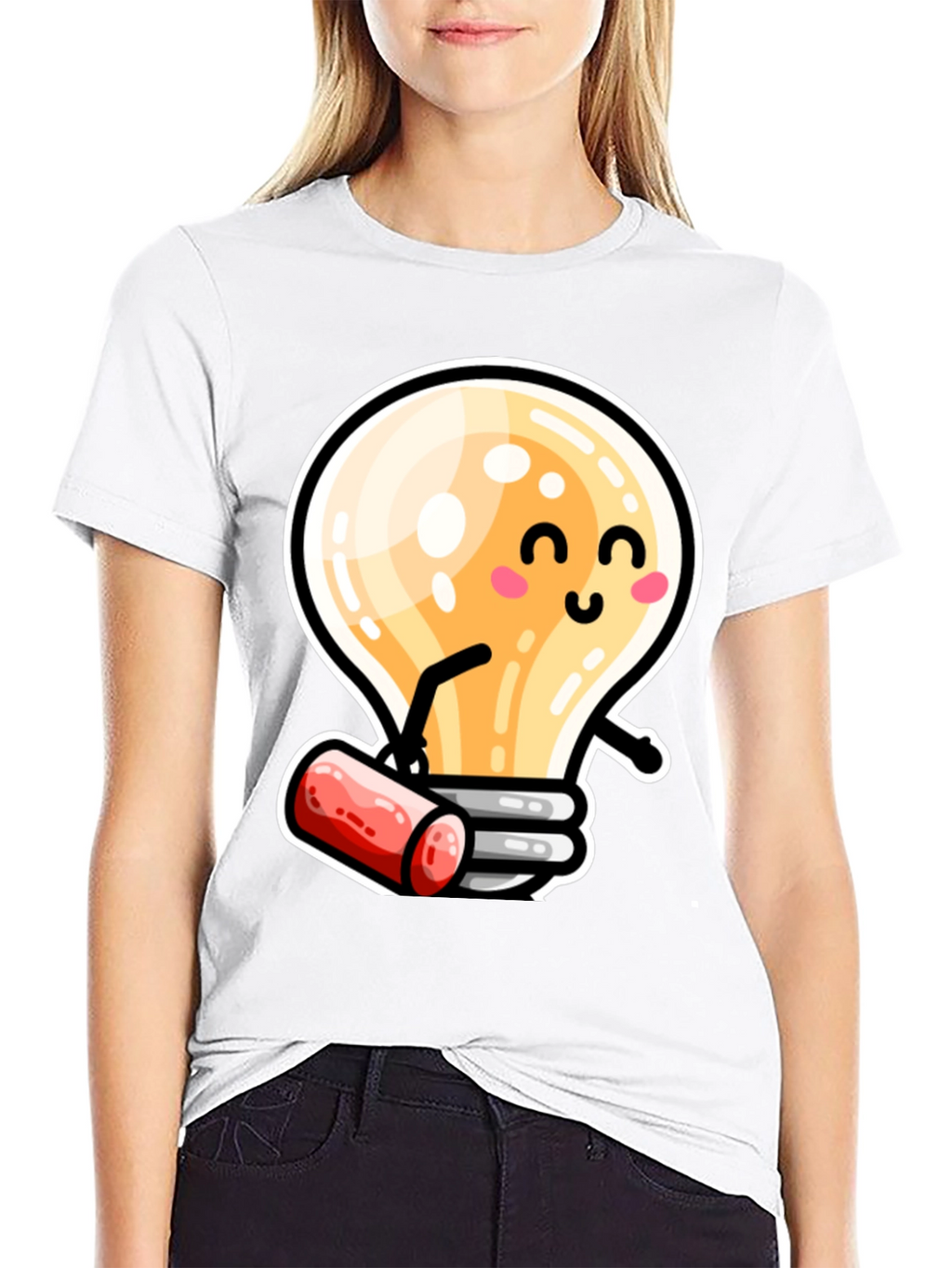 Cute Light Bulb Cartoon T-Shirt - Black