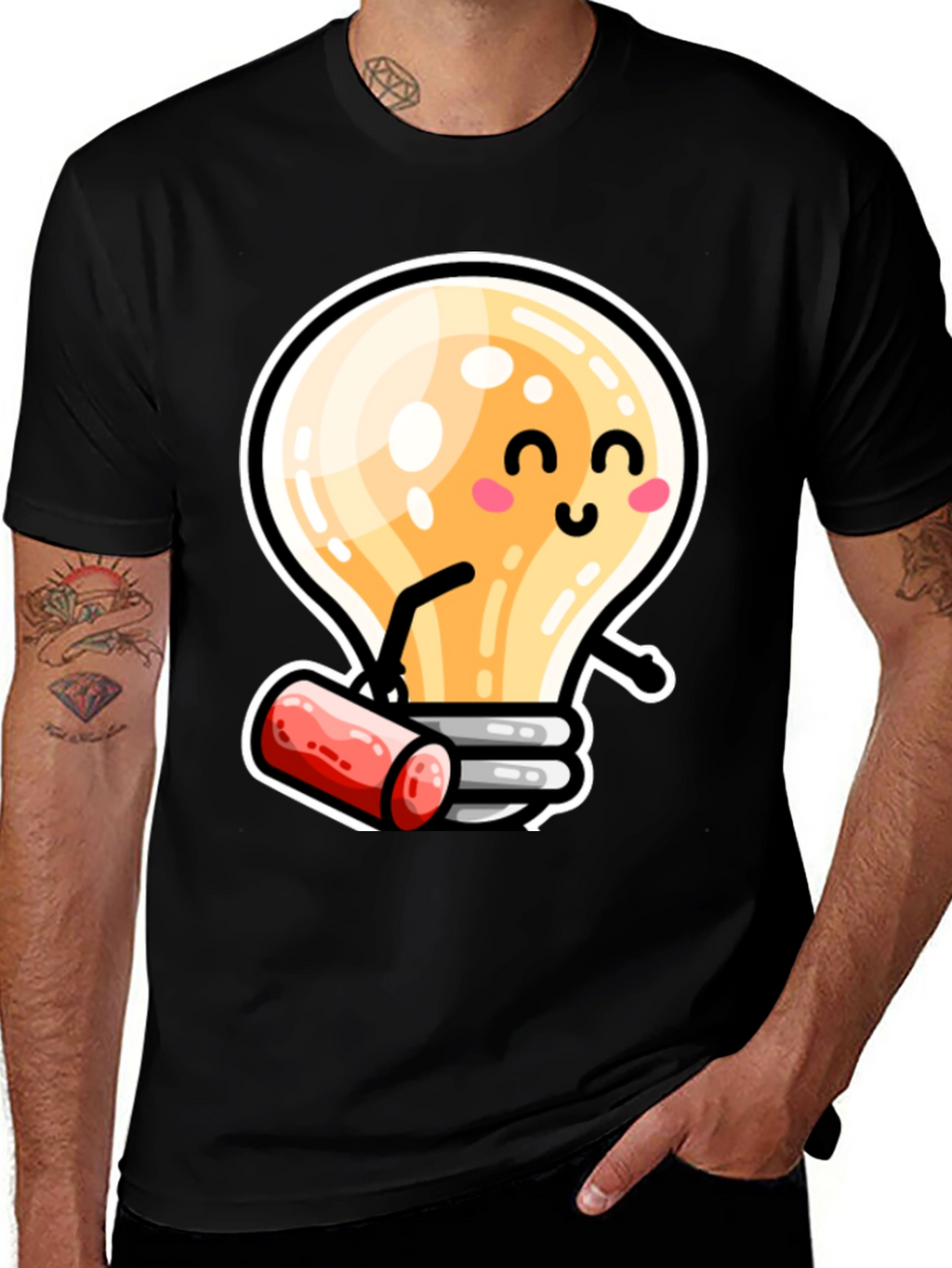 Cute Light Bulb Cartoon T-Shirt - Black