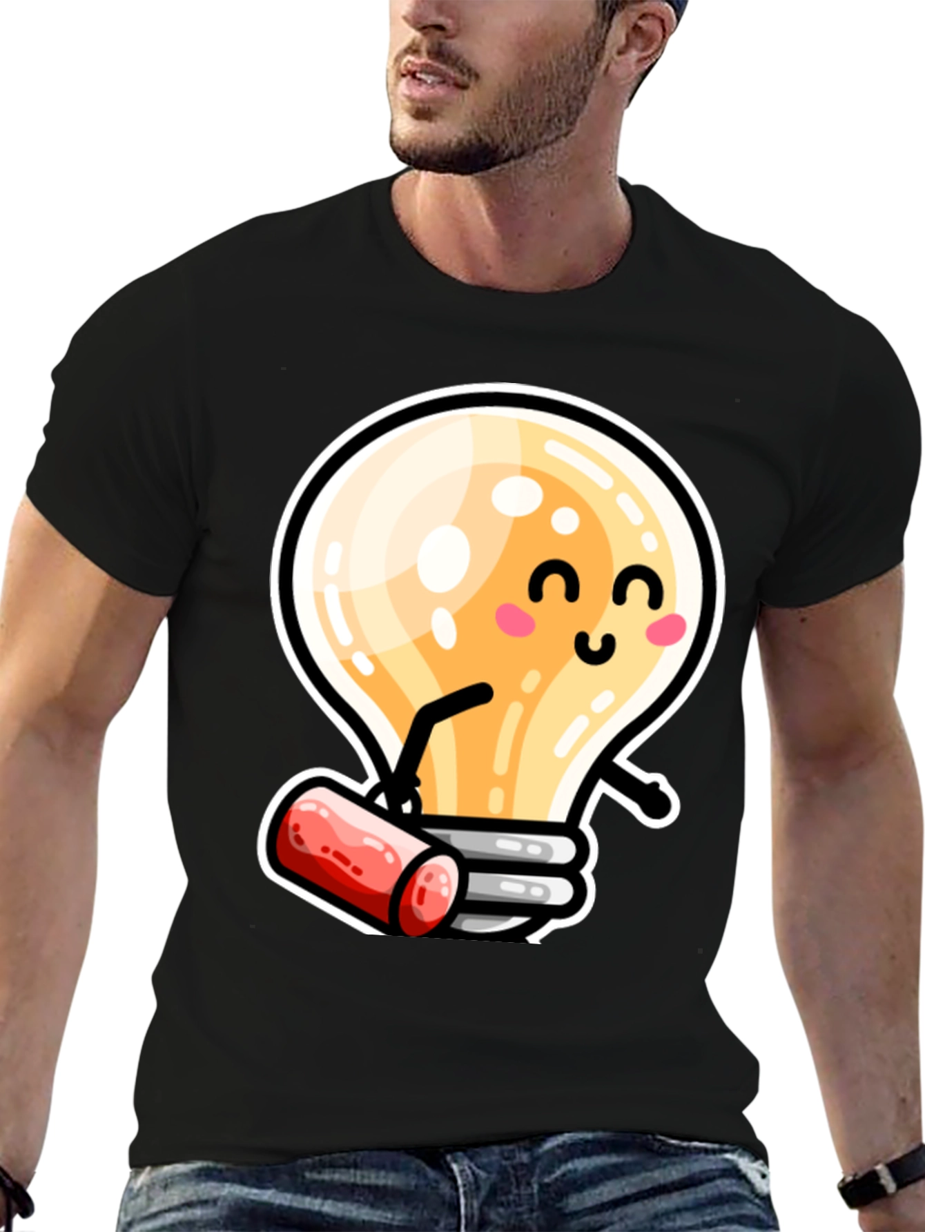 Cute Light Bulb Cartoon T-Shirt - Black