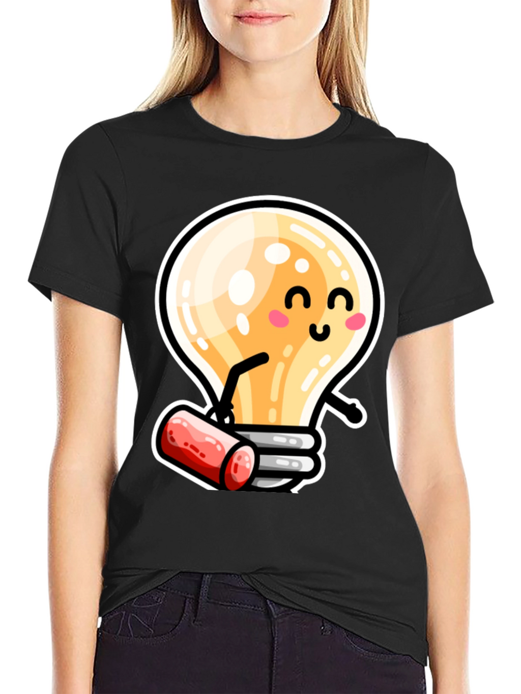 Cute Light Bulb Cartoon T-Shirt - Black