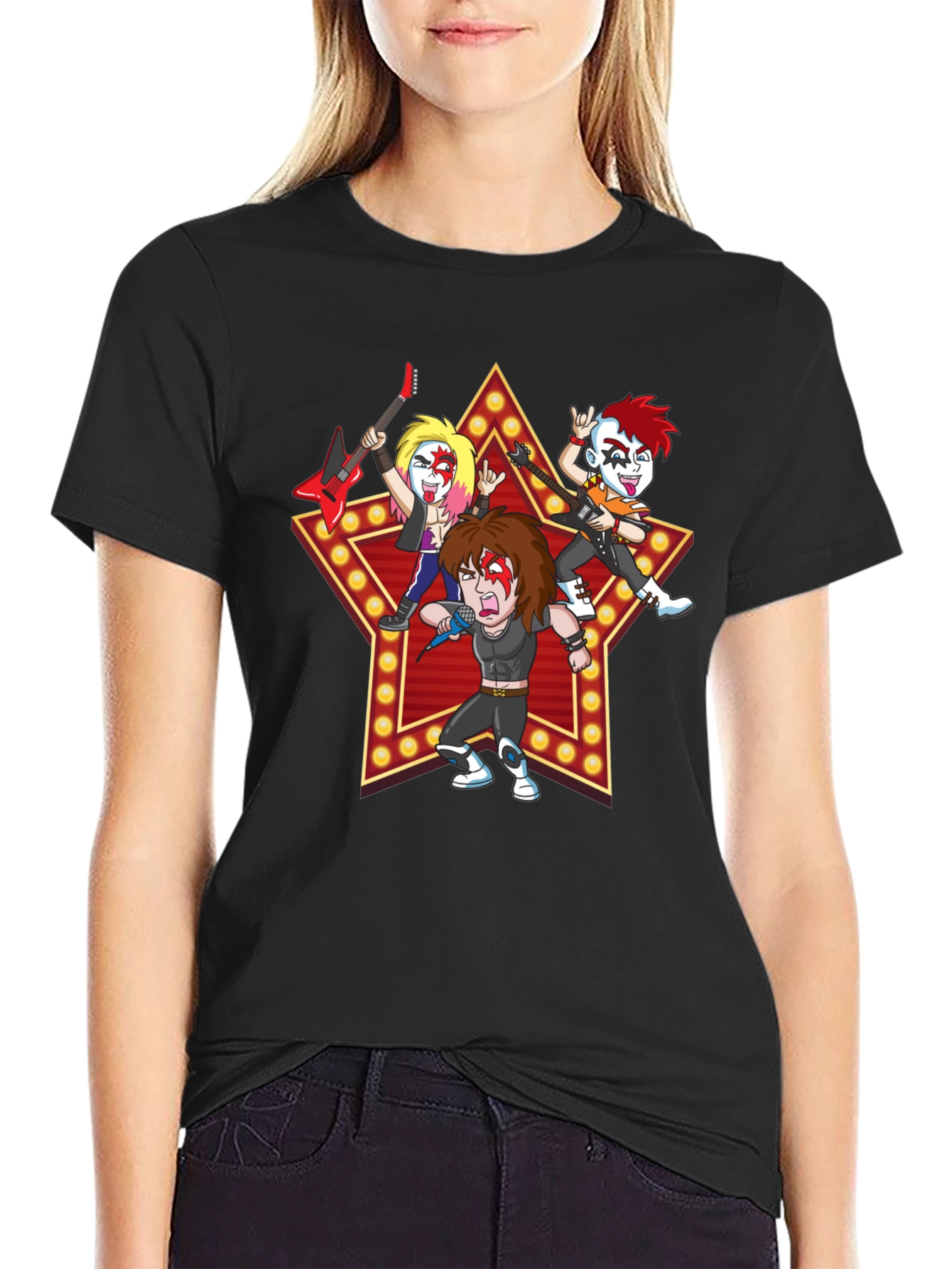 Rock Band Cartoon Graphic Black T-Shirt