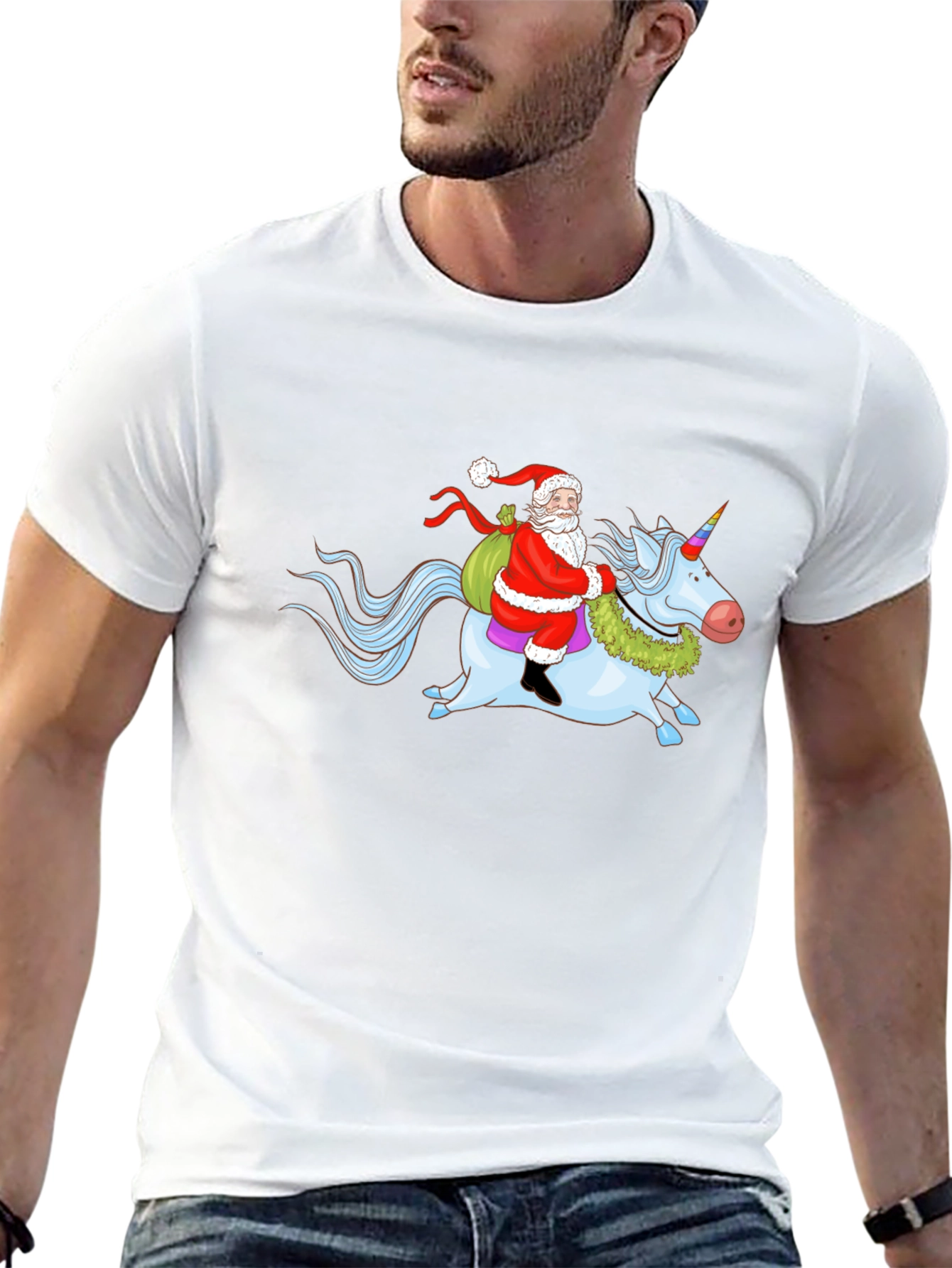 Santa Riding Unicorn Graphic T-Shirt